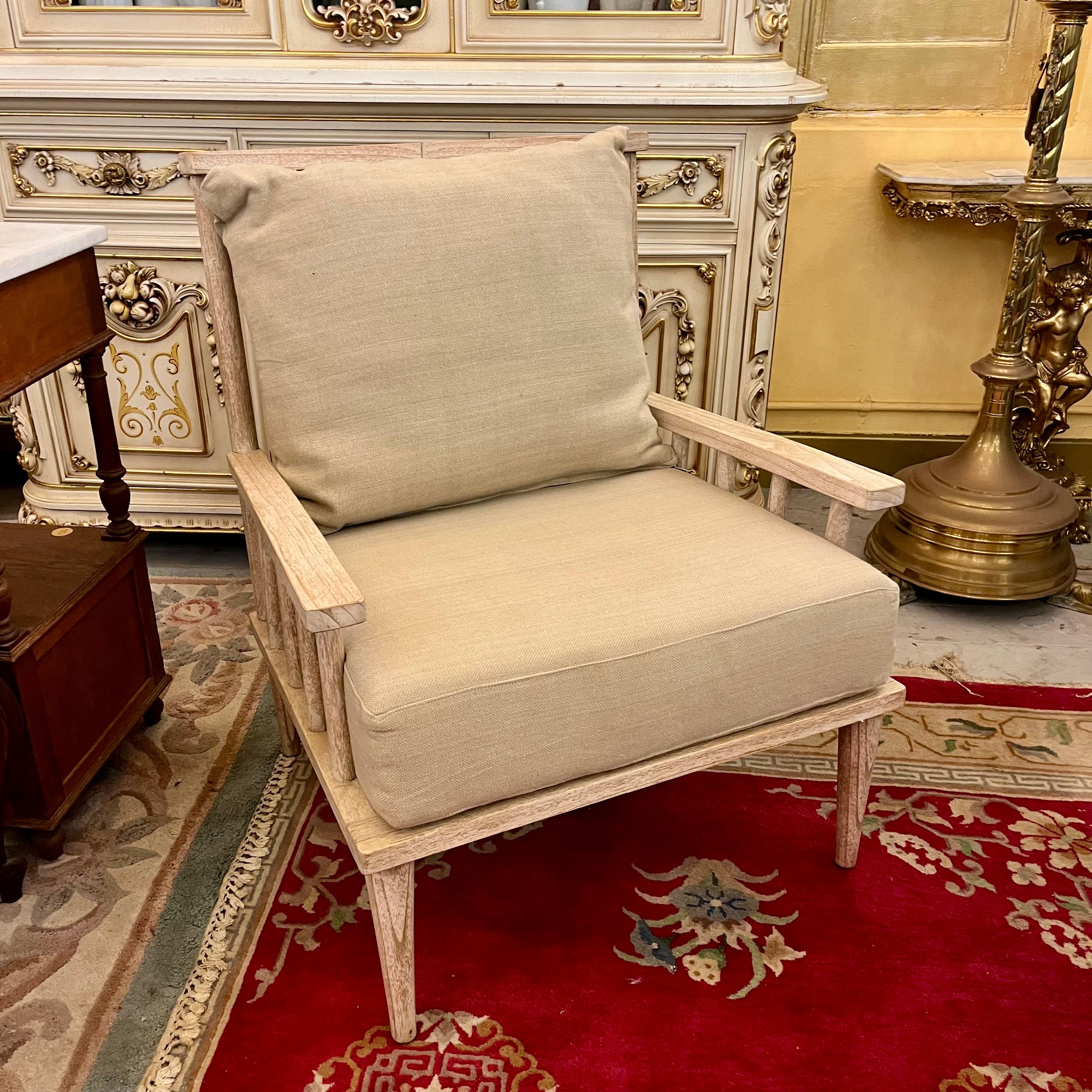 Whitewashed Wood Armchair with Linen Upholstery