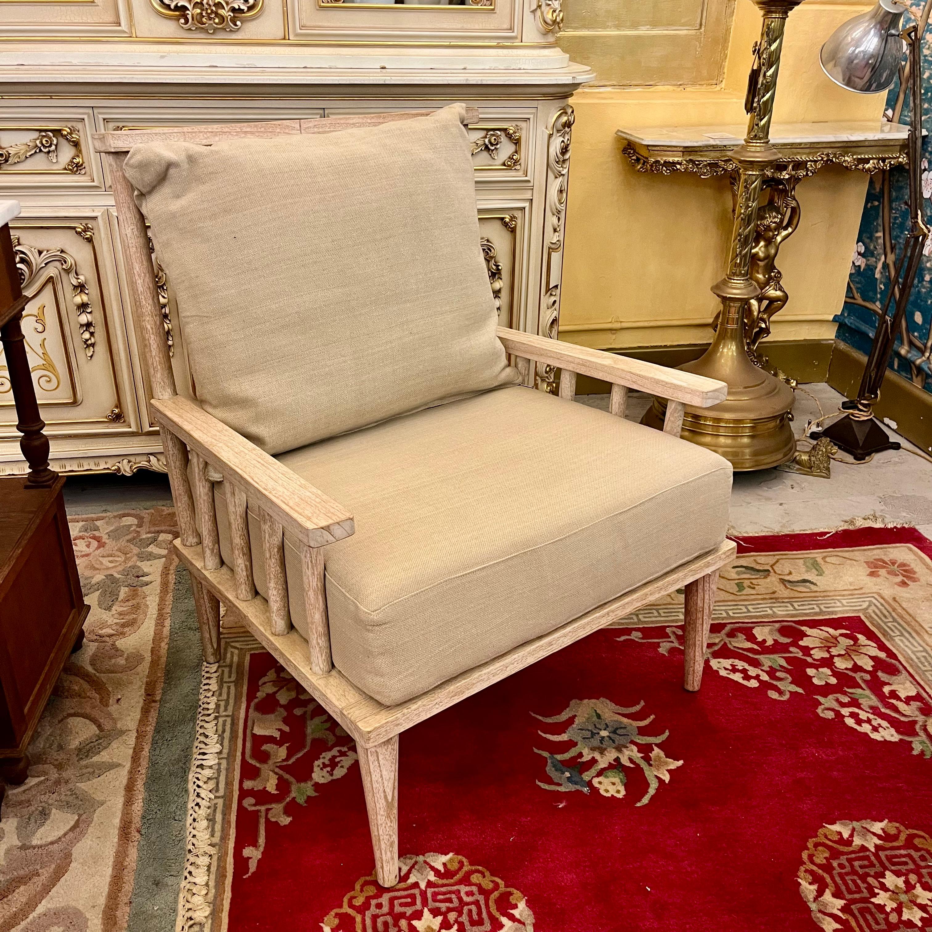 Whitewashed Wood Armchair with Linen Upholstery
