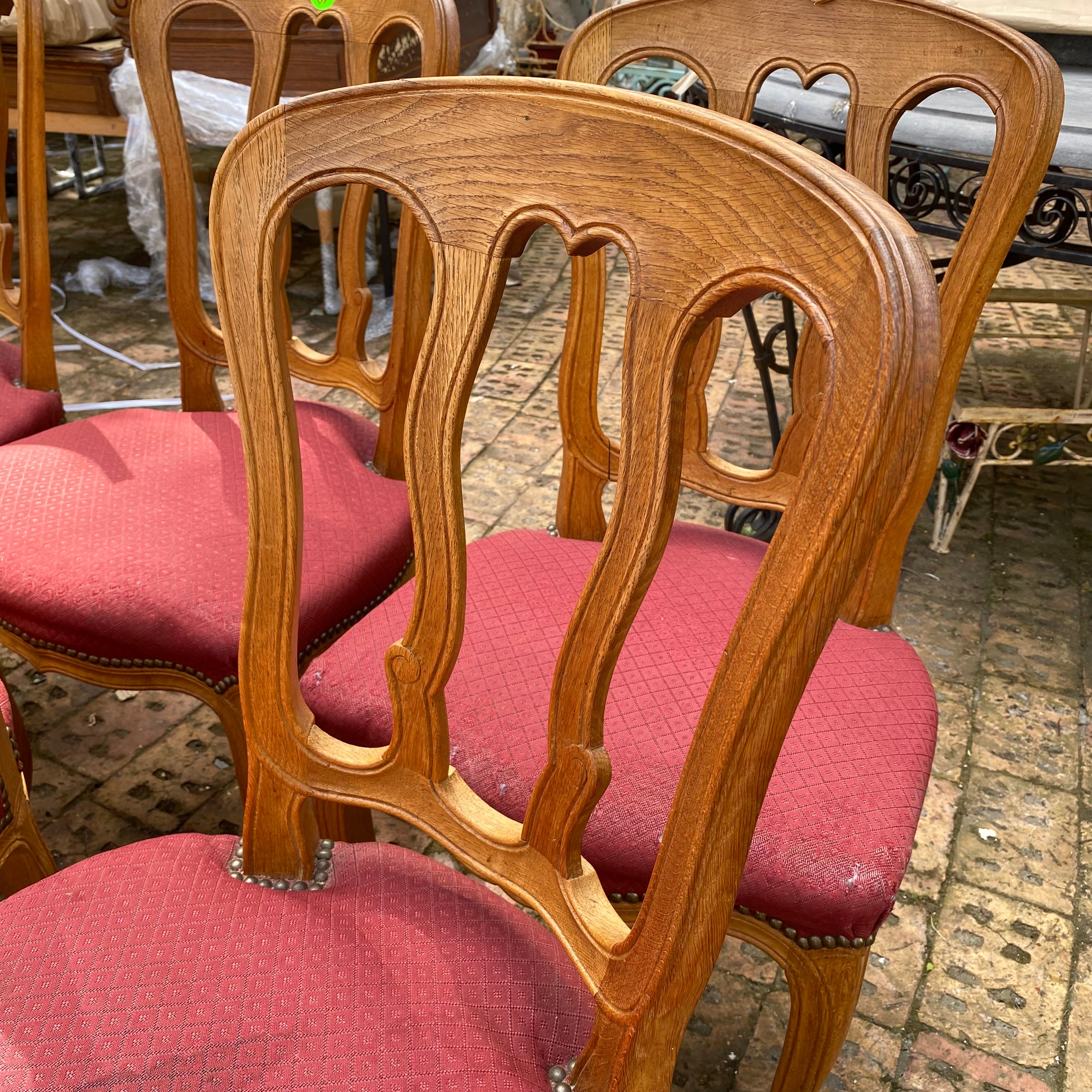 Set of 8 Antique Oak Dining Chairs in Red