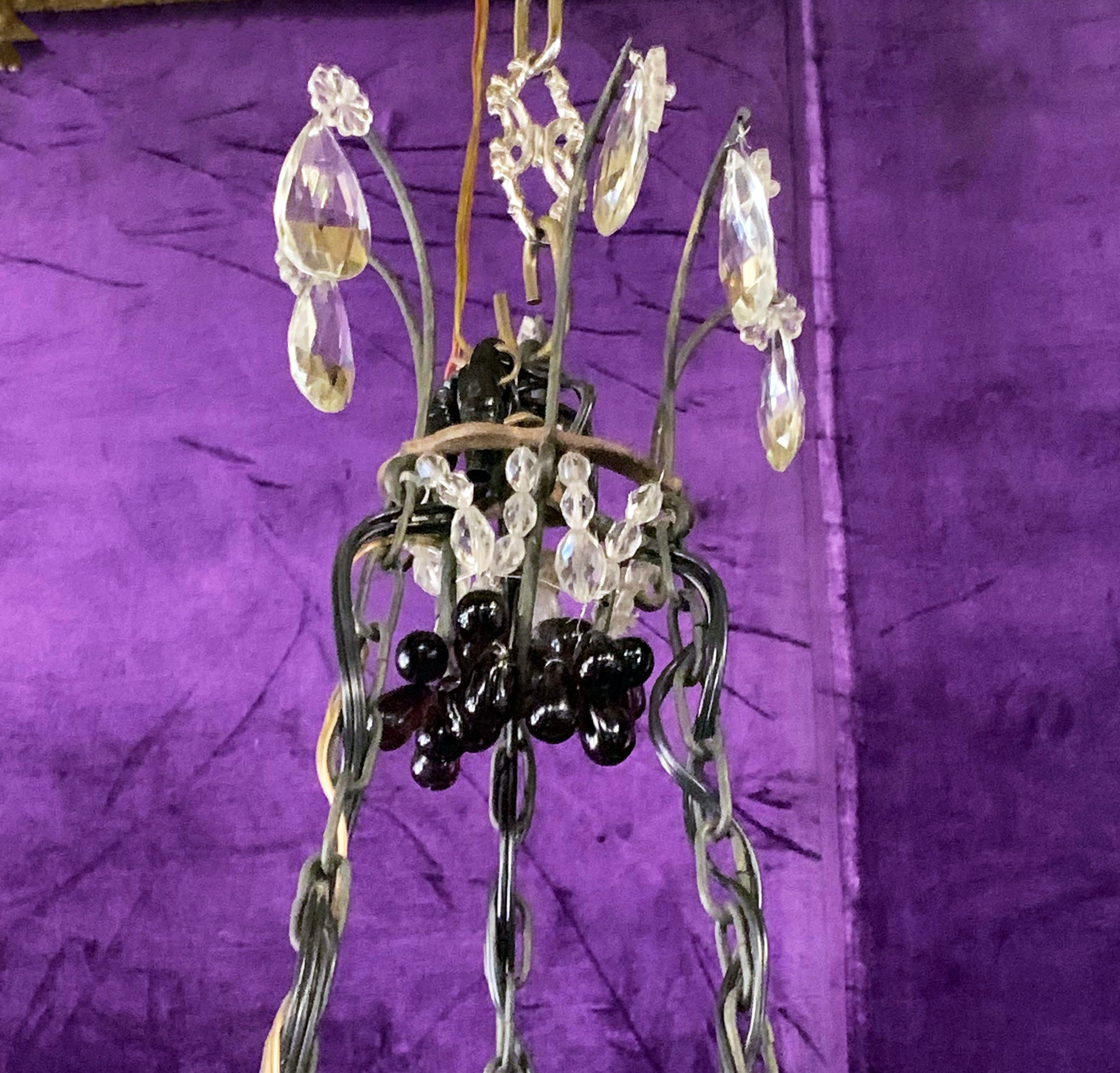 Charming Wrought Iron Chandelier with Purple Venetian Glass Crystals