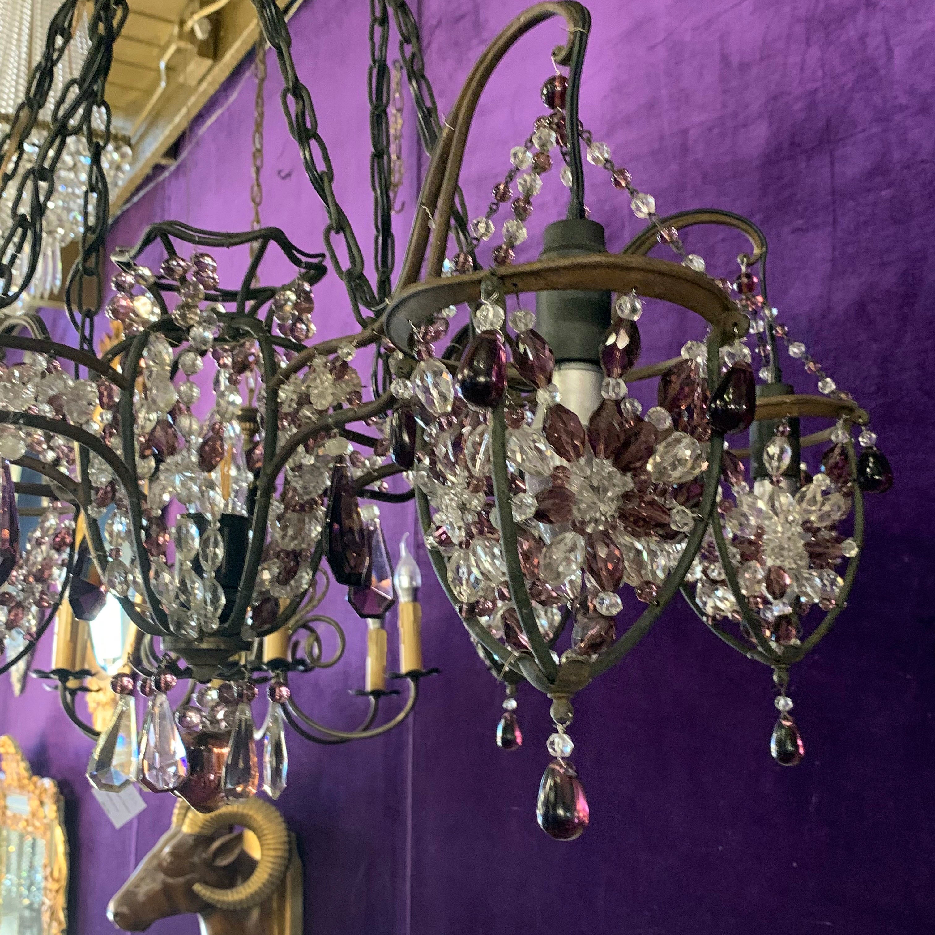 Charming Wrought Iron Chandelier with Purple Venetian Glass Crystals