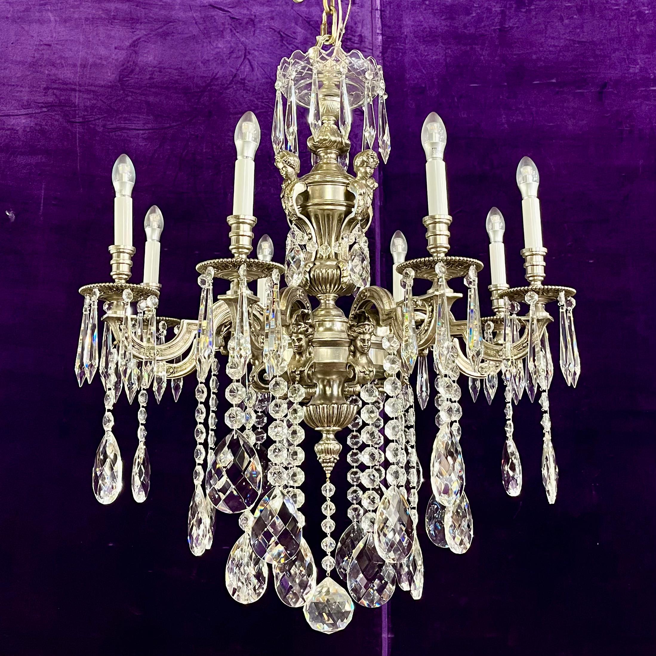 Antique Silvered Mazerine Chandelier with Large Crystal Drops