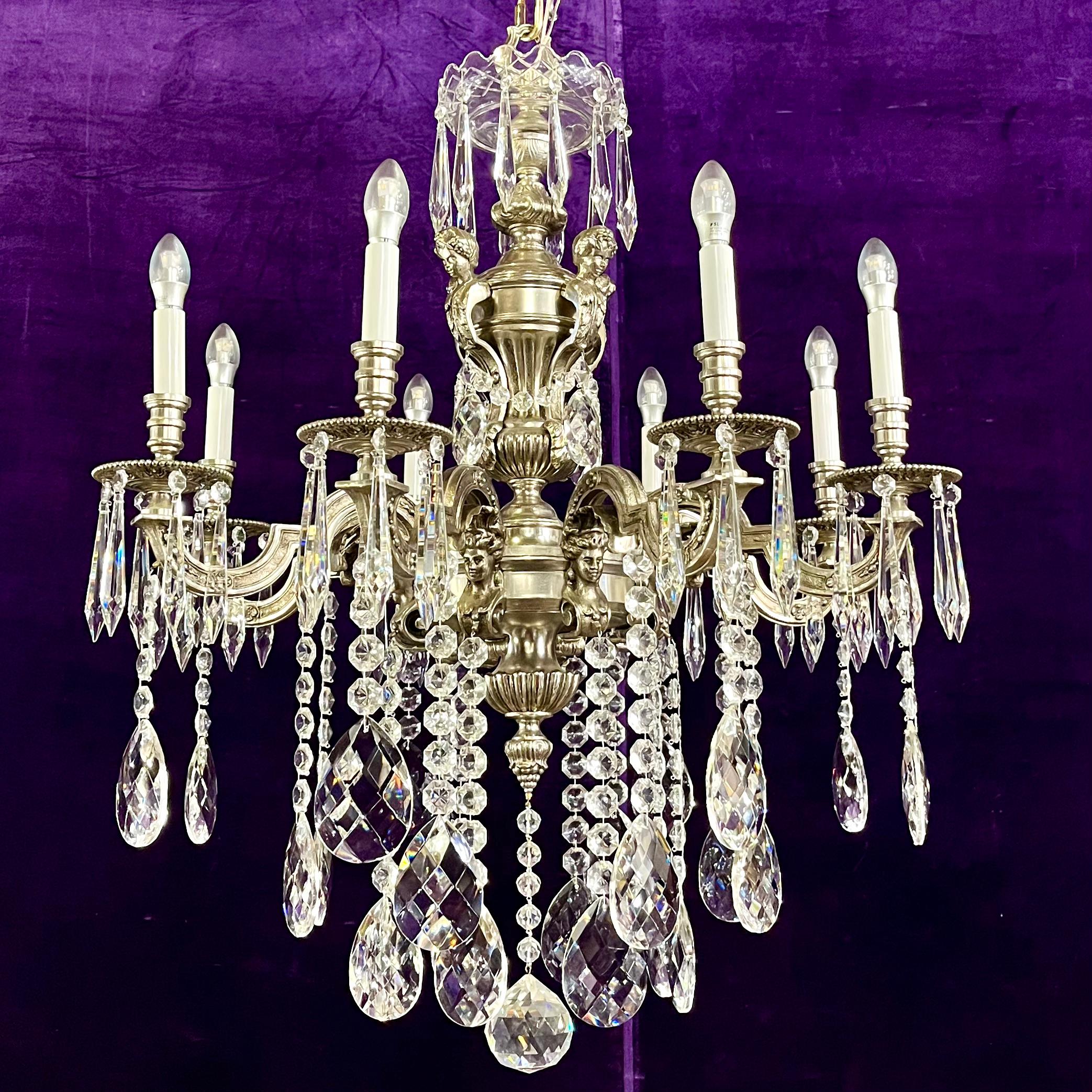 Antique Silvered Mazerine Chandelier with Large Crystal Drops