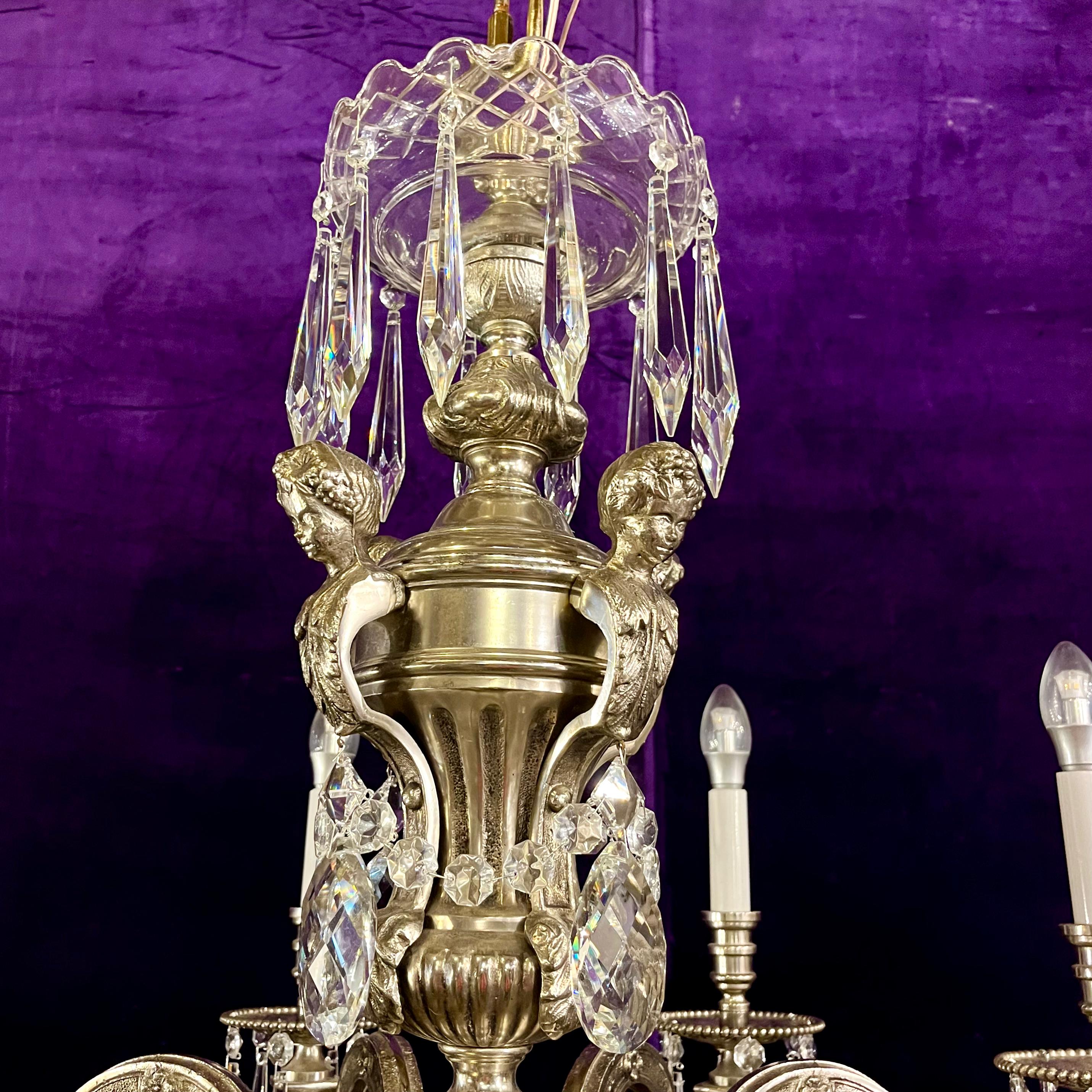 Antique Silvered Mazerine Chandelier with Large Crystal Drops