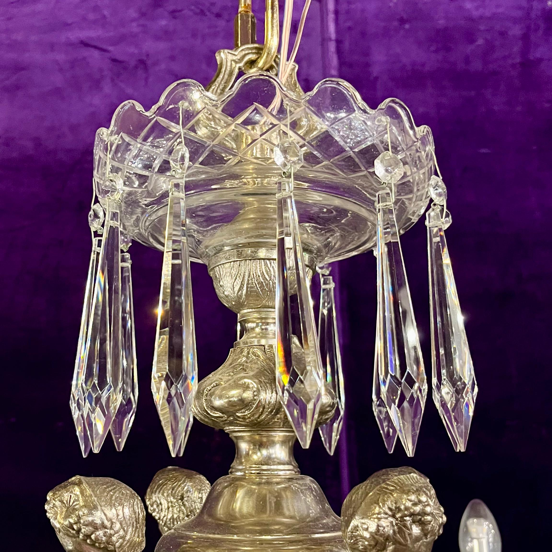 Antique Silvered Mazerine Chandelier with Large Crystal Drops