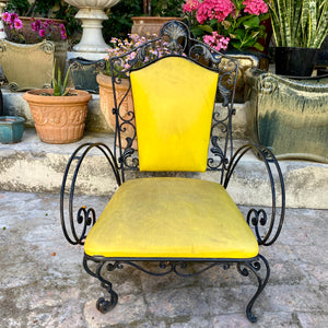 Rustic Wrought Iron Armchair with Yellow Upholstery