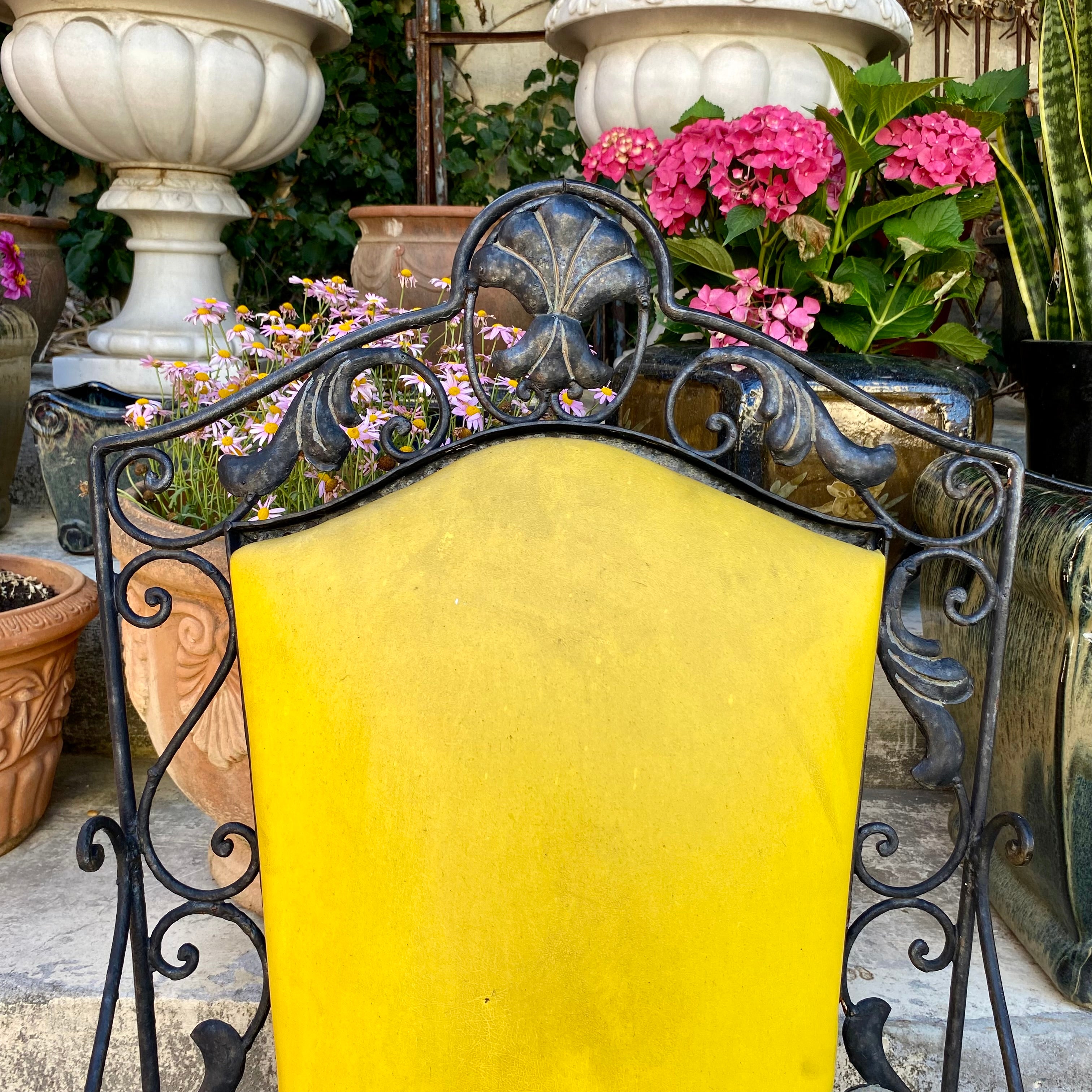 Rustic Wrought Iron Armchair with Yellow Upholstery