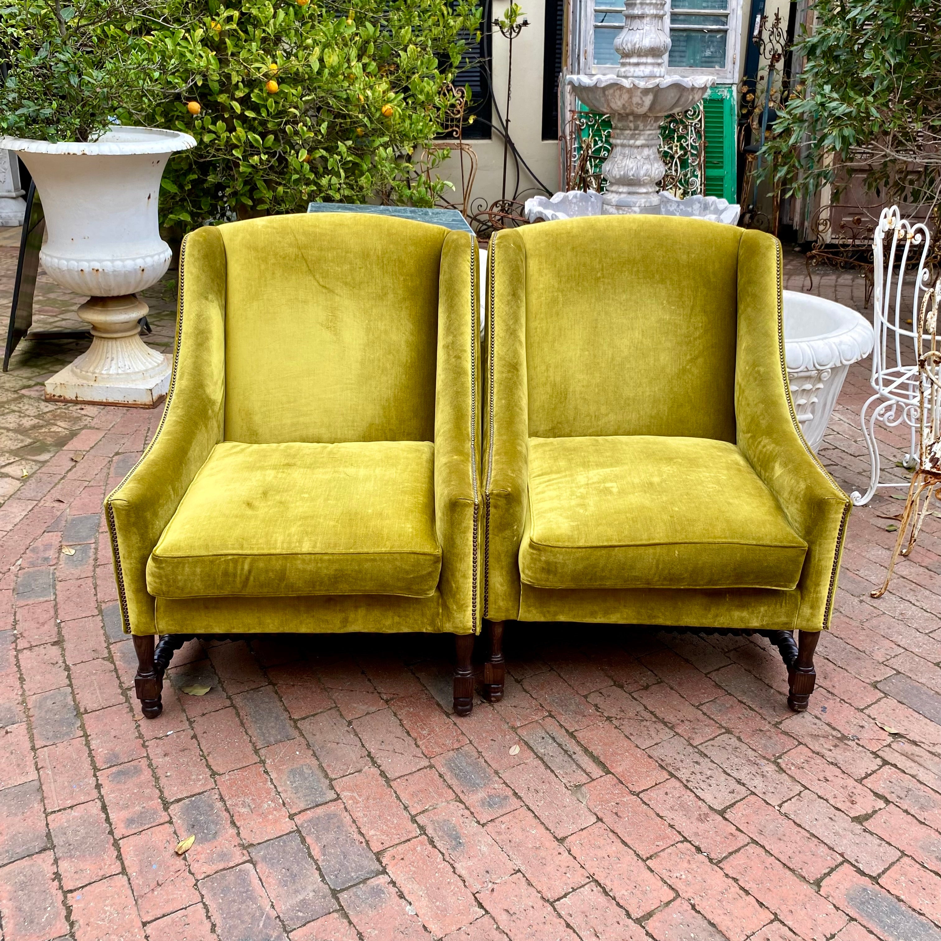 Vintage Pair of Velvet Armchairs with Barley Twist Detailing