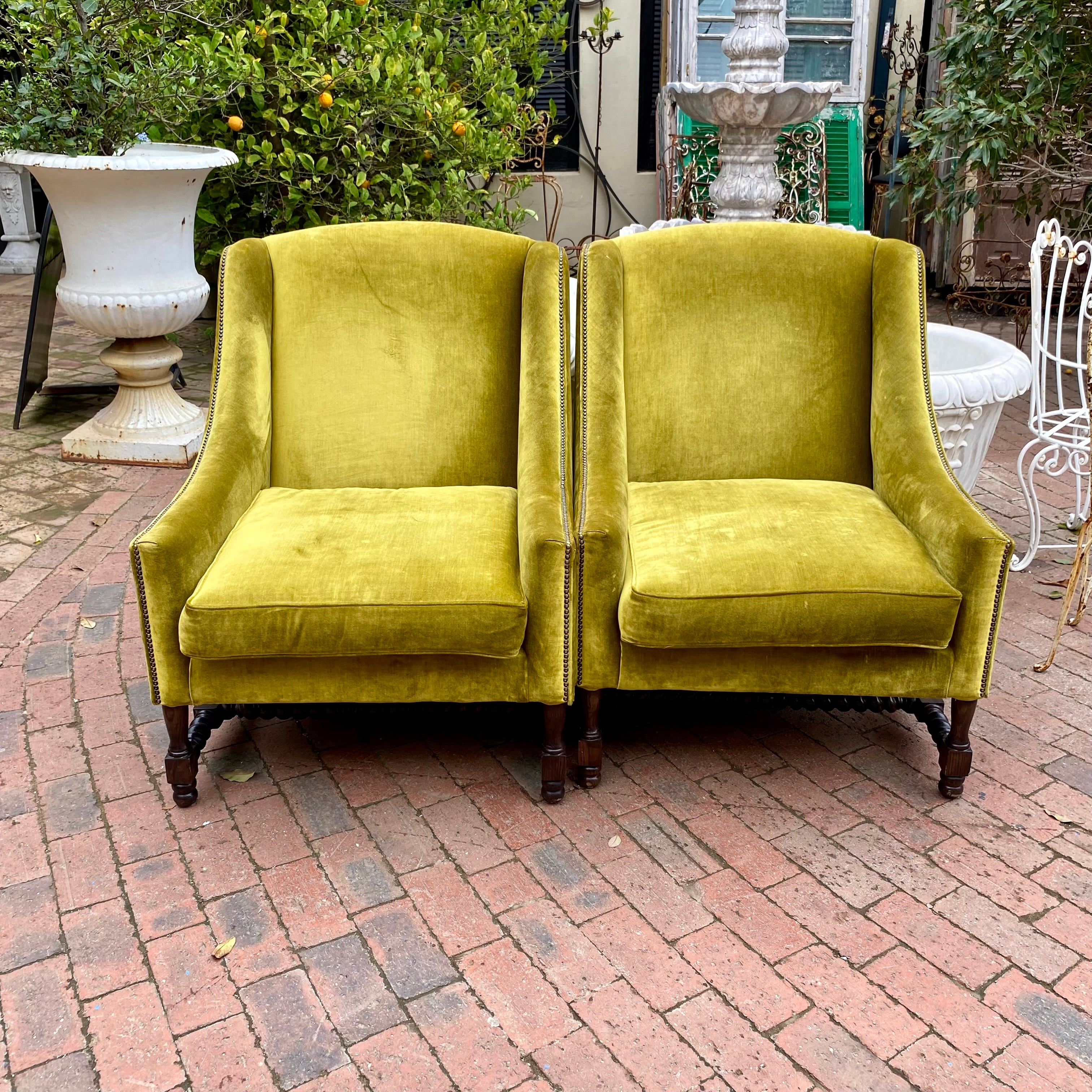 Vintage Pair of Velvet Armchairs with Barley Twist Detailing