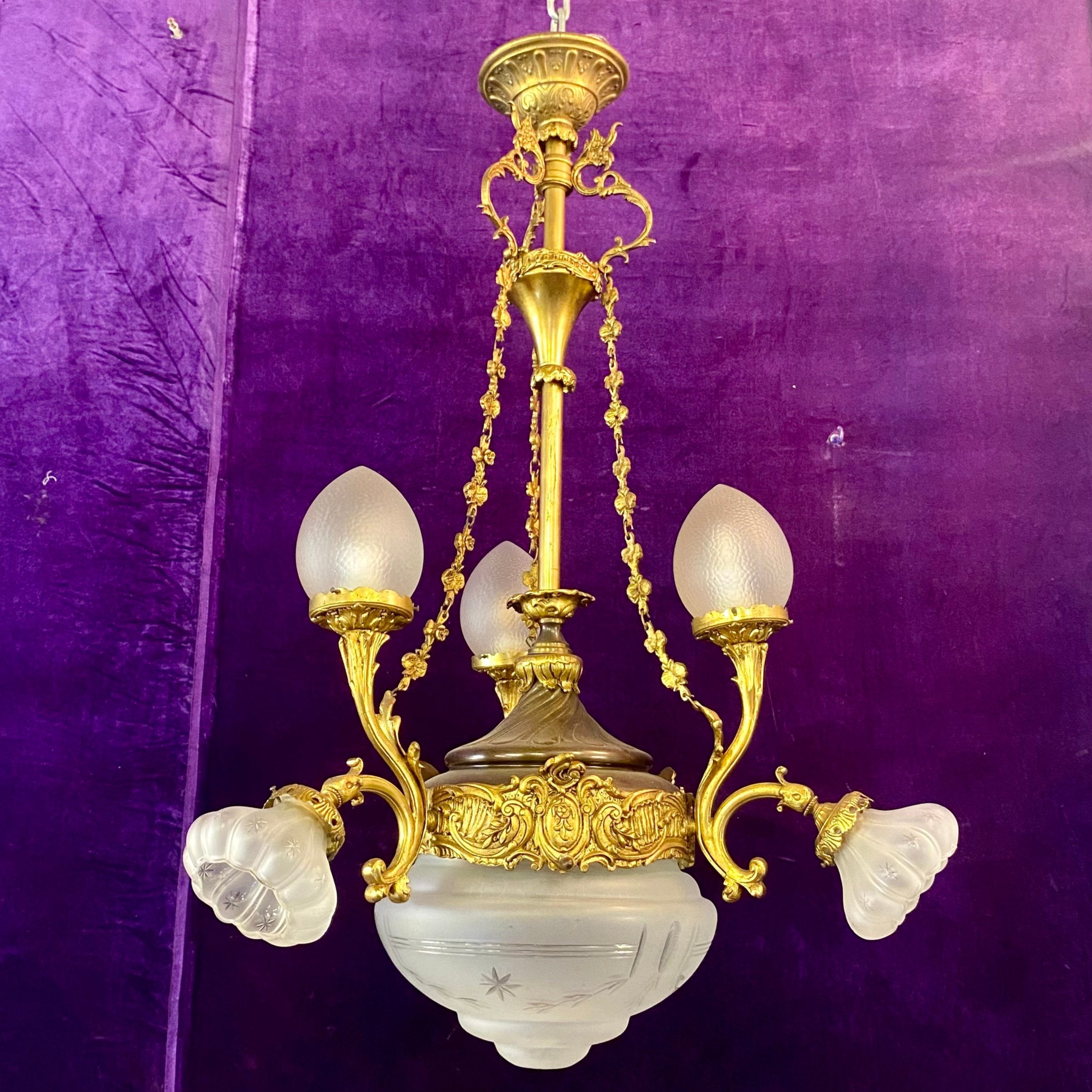 Antique Empire Chandelier with Frosted Etched Glass