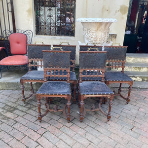 Set of Six Dark Oak Breton Dining Chairs with Leather Seats