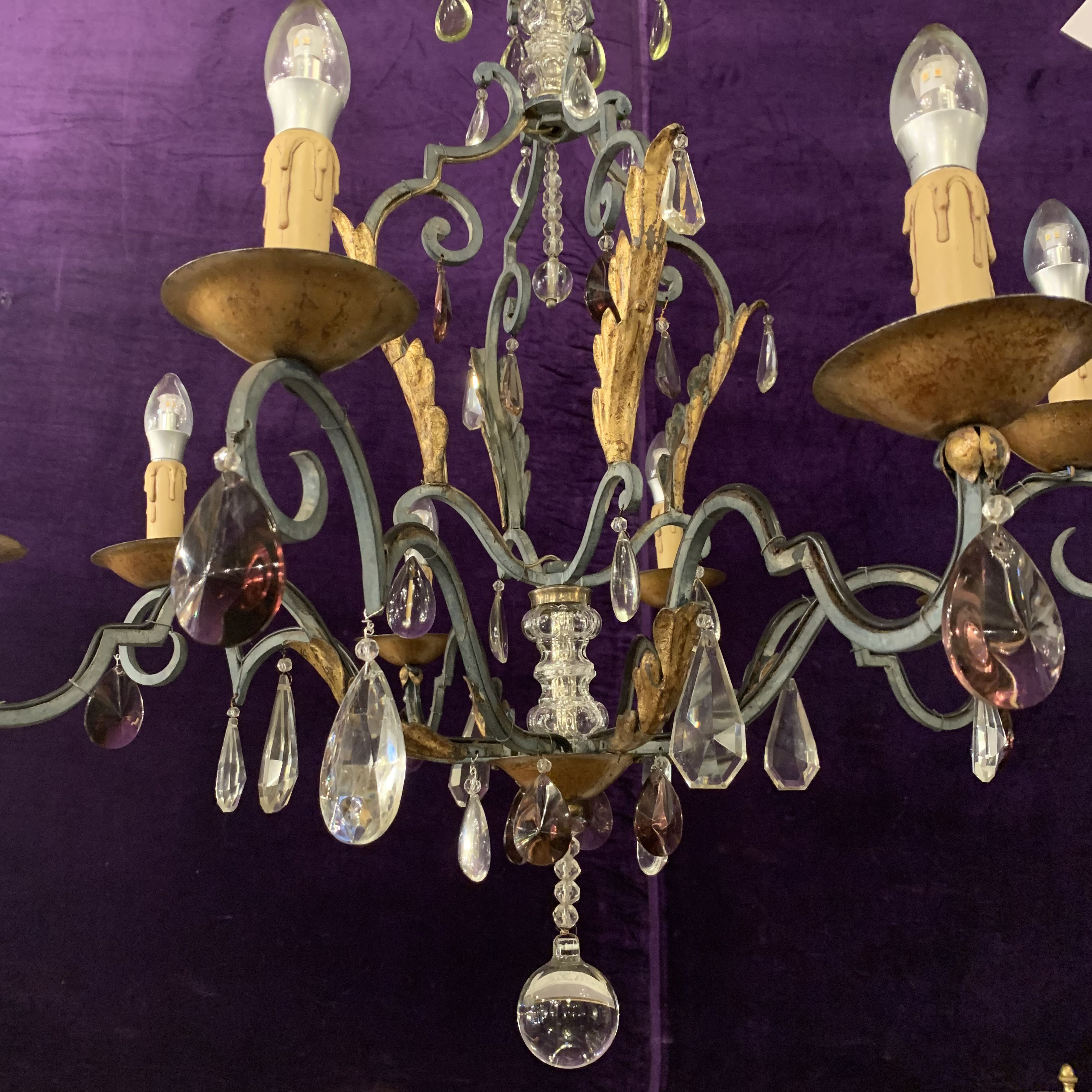 Wrought Iron Chandelier with Gold Leaf detail and Purple Crystals