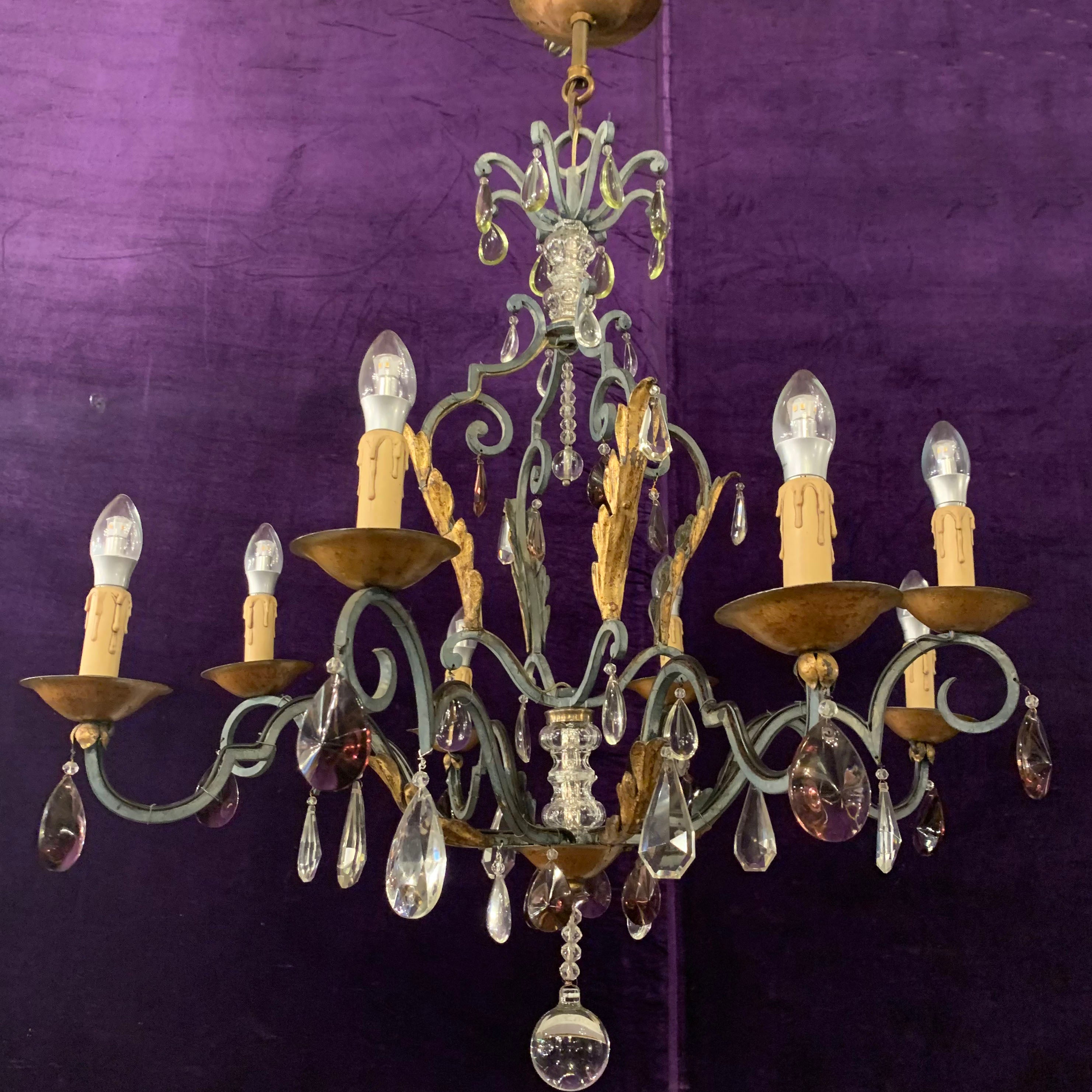 Wrought Iron Chandelier with Gold Leaf detail and Purple Crystals