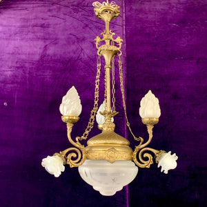 Gorgeous Gilt Empire Chandelier with Original Etched Glass