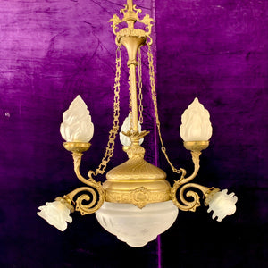 Gorgeous Gilt Empire Chandelier with Original Etched Glass