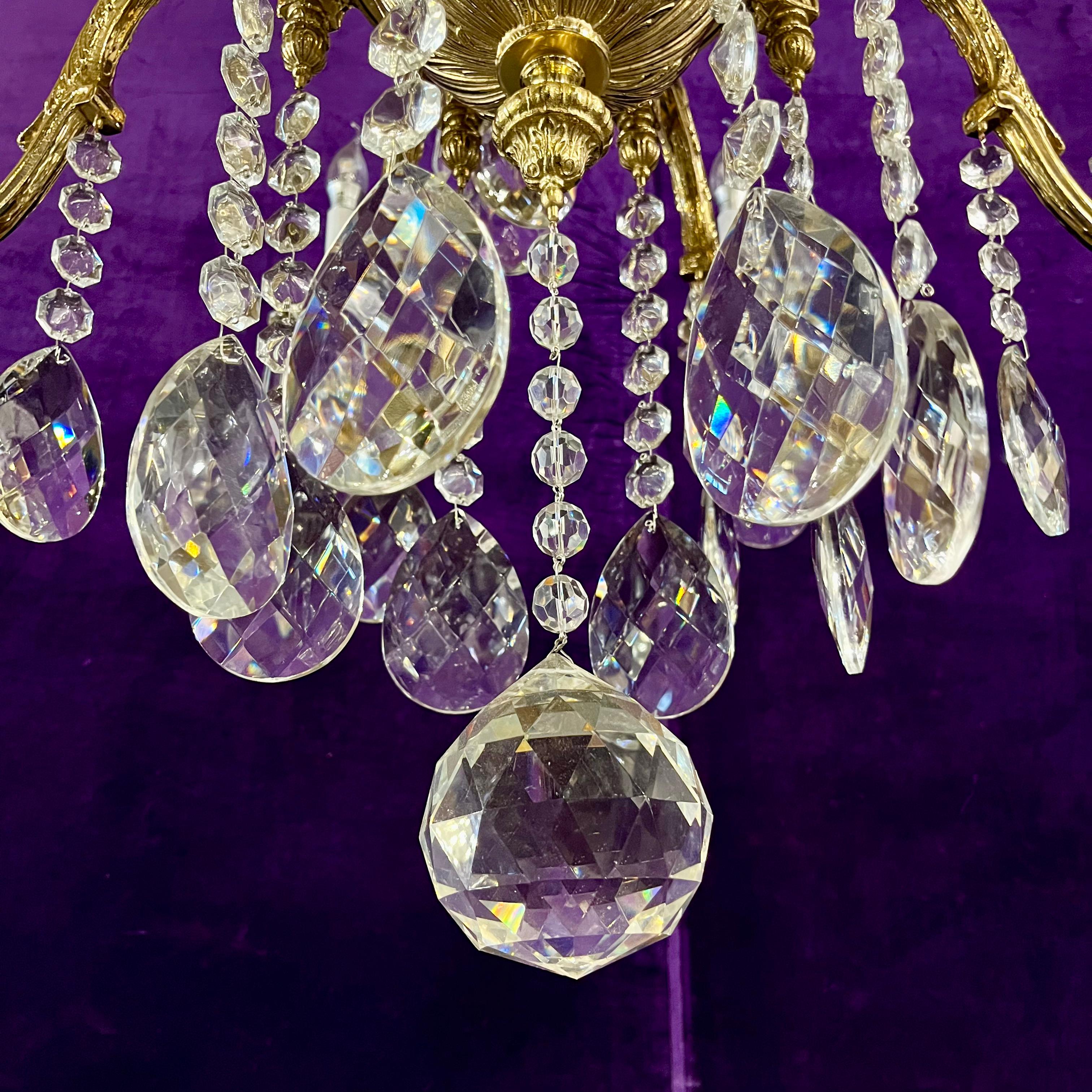 Antique French Heavy Polished Brass and Crystal Chandelier - Pair available