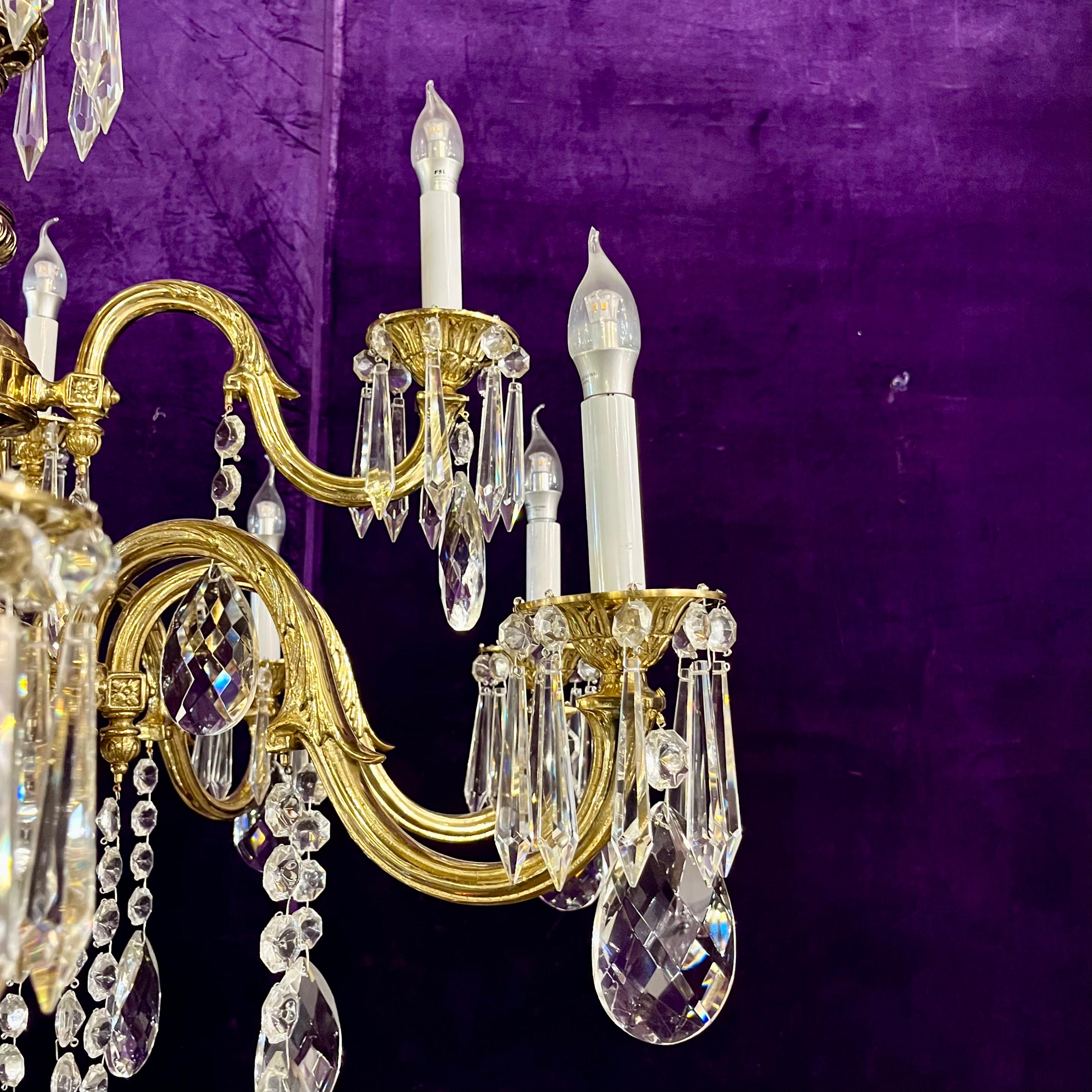 Antique French Heavy Polished Brass and Crystal Chandelier - Pair available