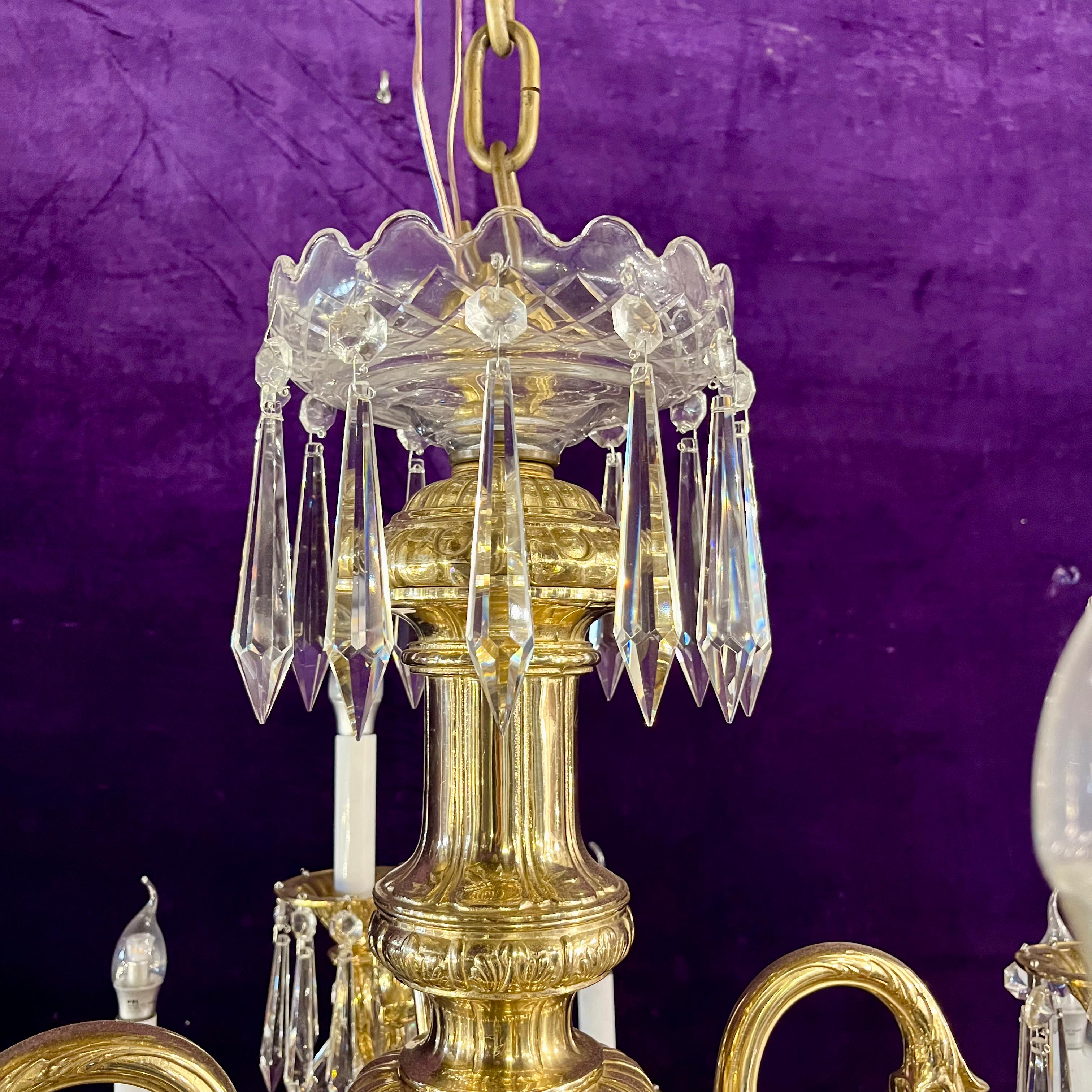 Antique French Heavy Polished Brass and Crystal Chandelier - Pair available
