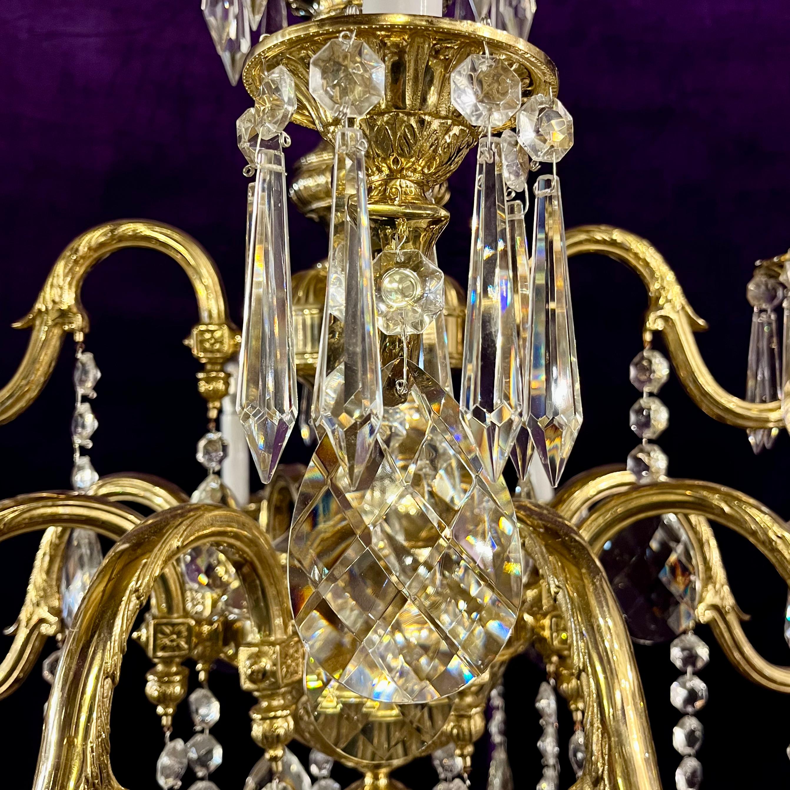 Antique French Heavy Polished Brass and Crystal Chandelier - Pair available