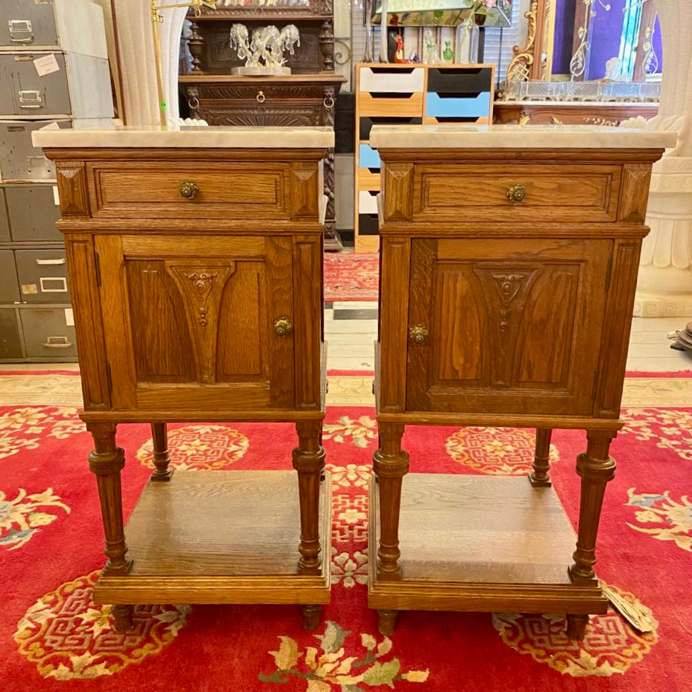 Antique Carved Oak Bedside Pedestals with White Marble Top