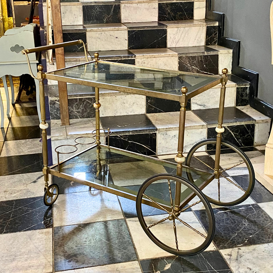 Brass Drinks Trolley with Marble Accent