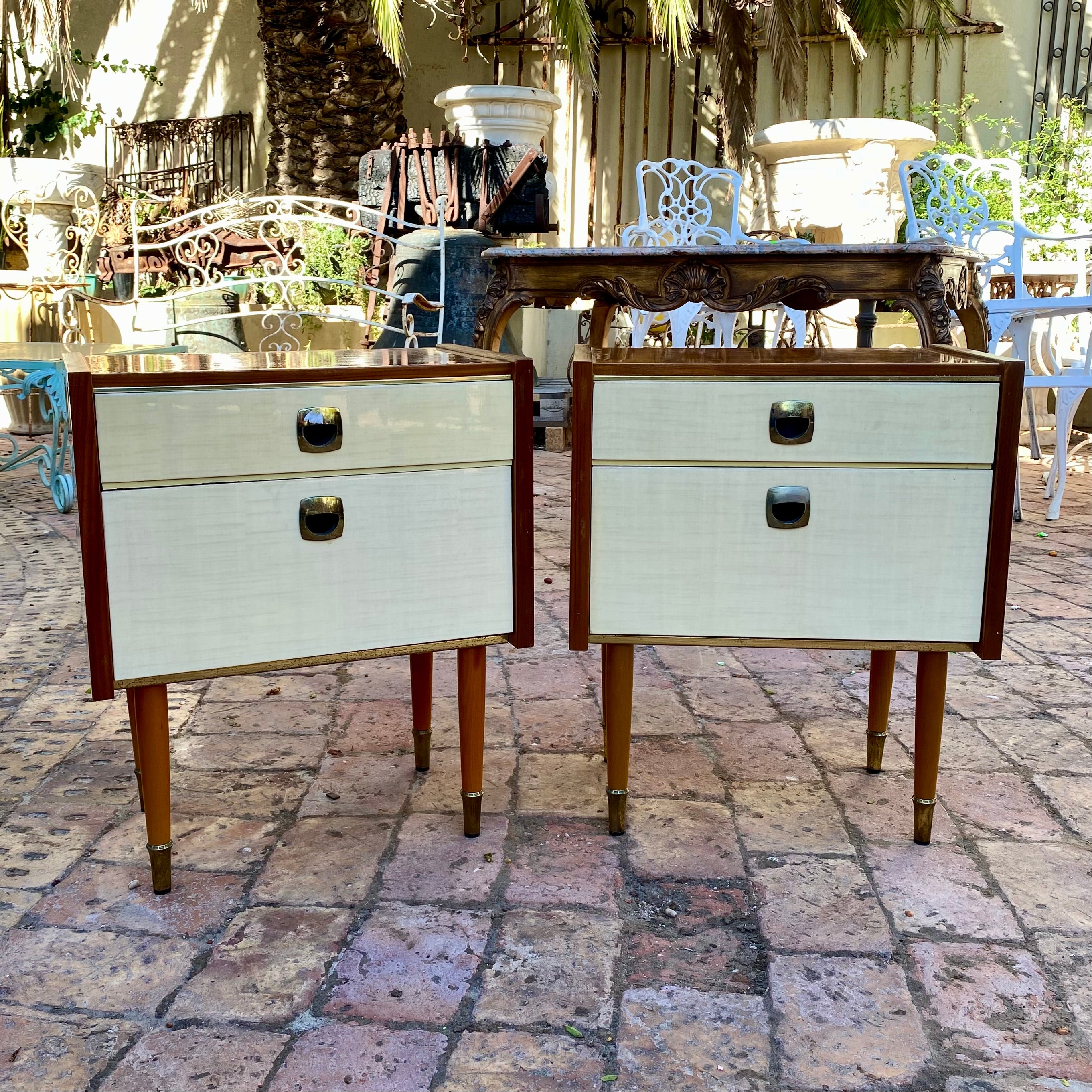 Pair of Mid-Century Bedside Tables with Brass Accents