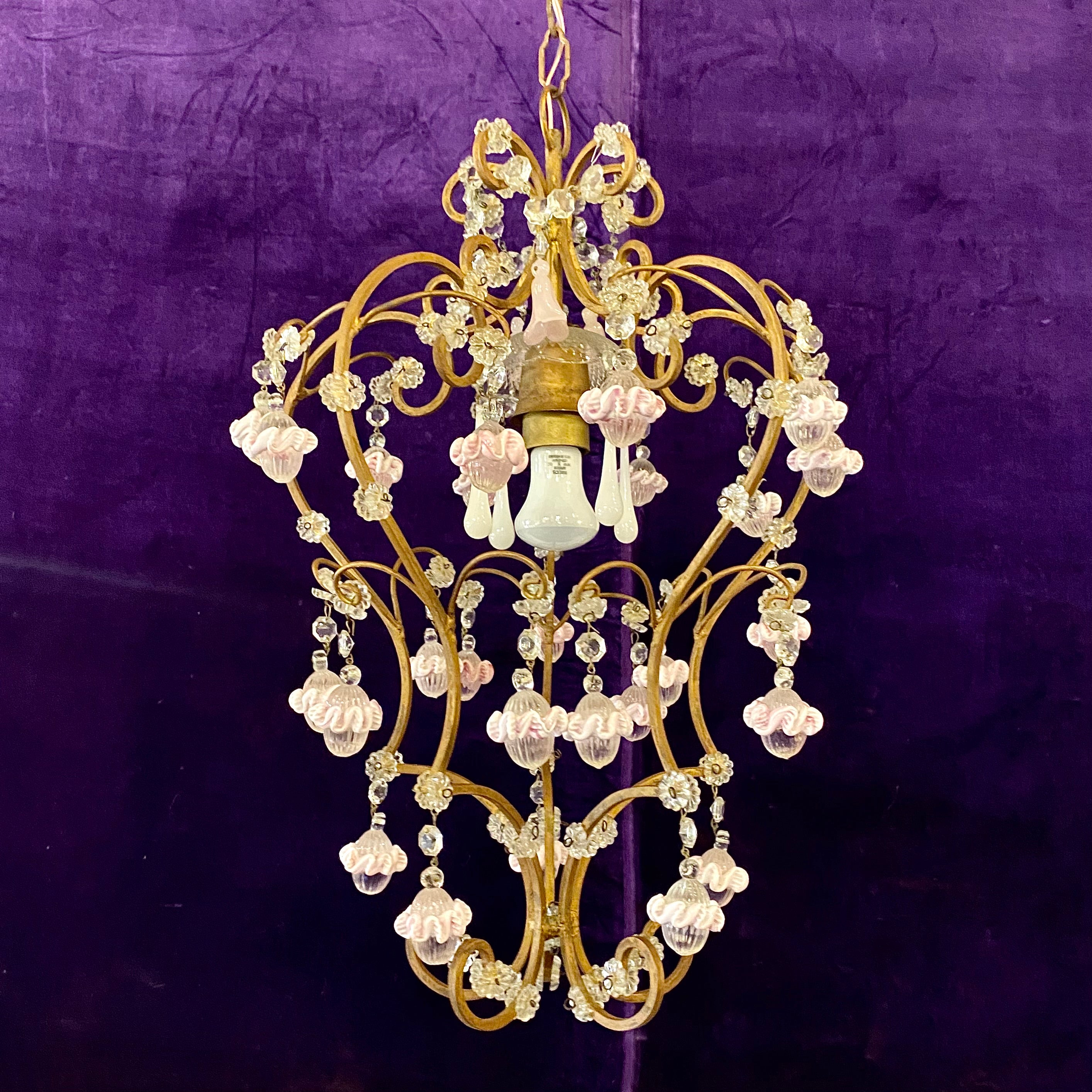 A Vintage Wrought Iron Chandelier with Glass Roses
