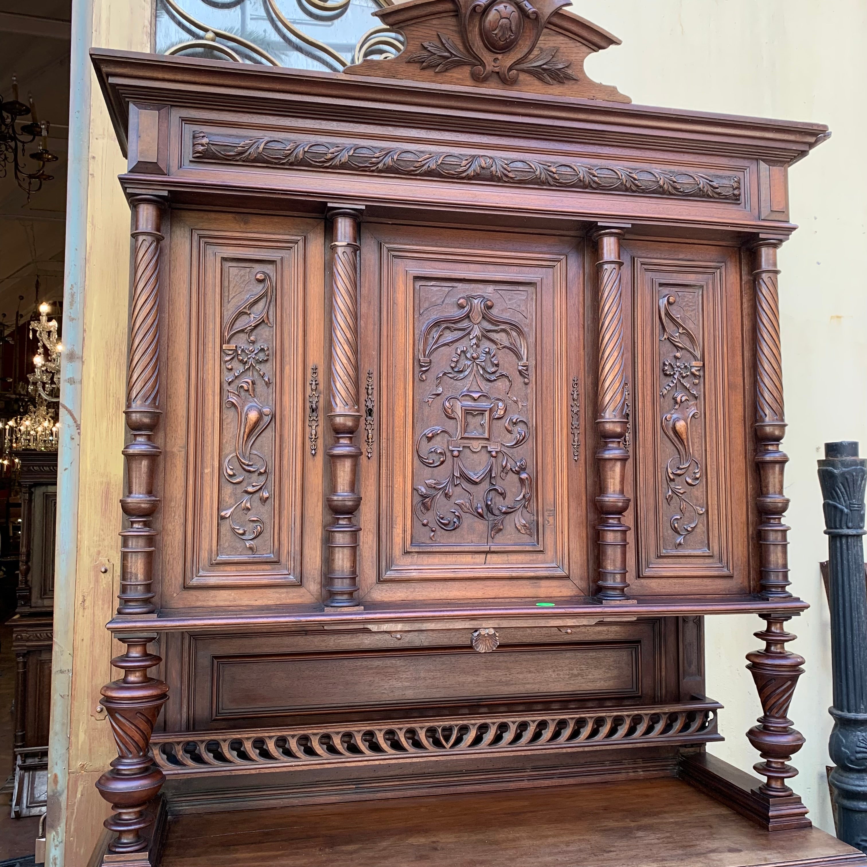 Large Antique Dark Oak French Carved Cabinet