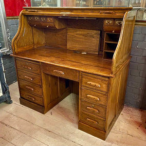 Large Vintage Teak Roll Top Desk with Brass Accents - SOLD