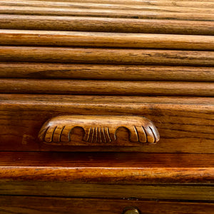 Large Vintage Teak Roll Top Desk with Brass Accents - SOLD