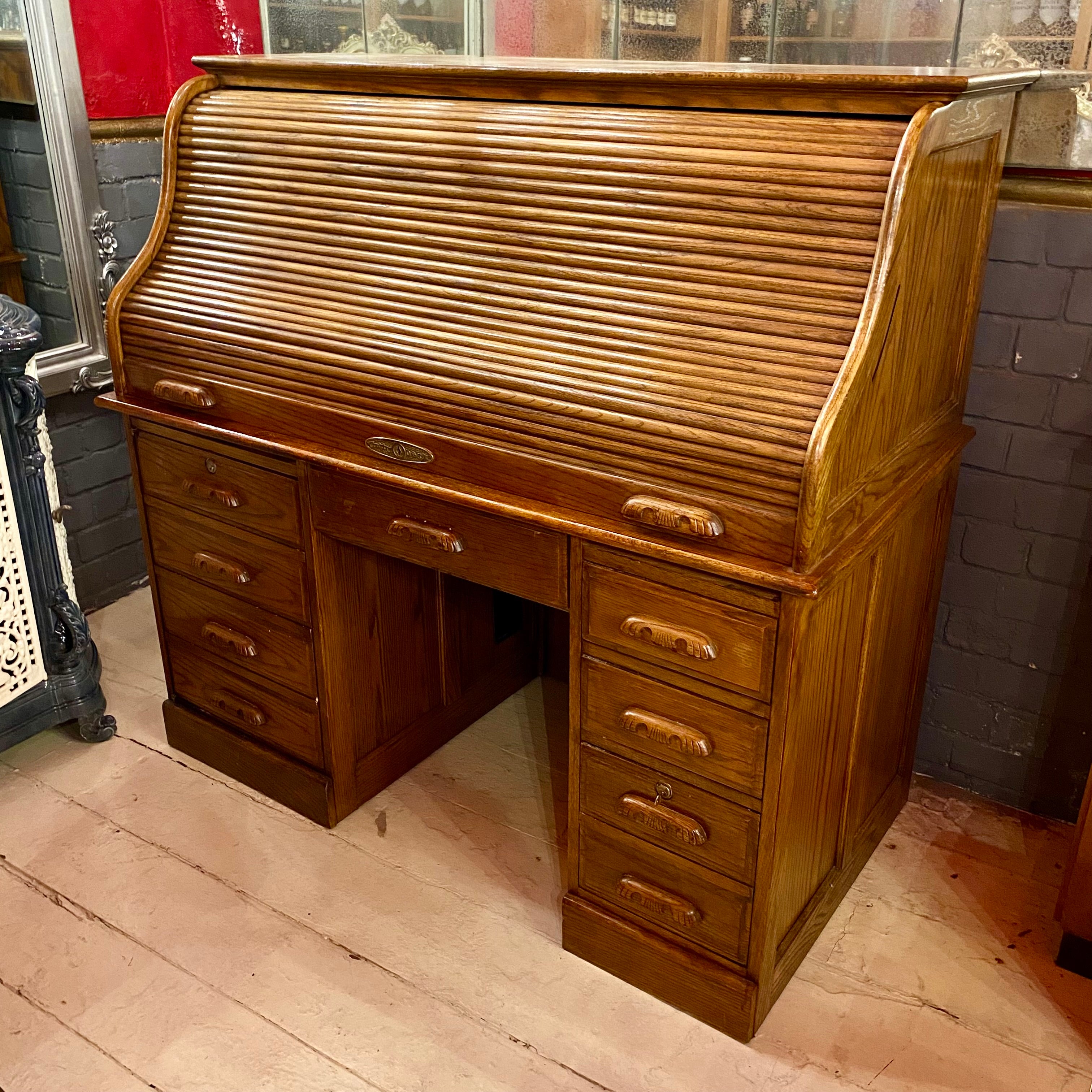 Large Vintage Teak Roll Top Desk with Brass Accents - SOLD