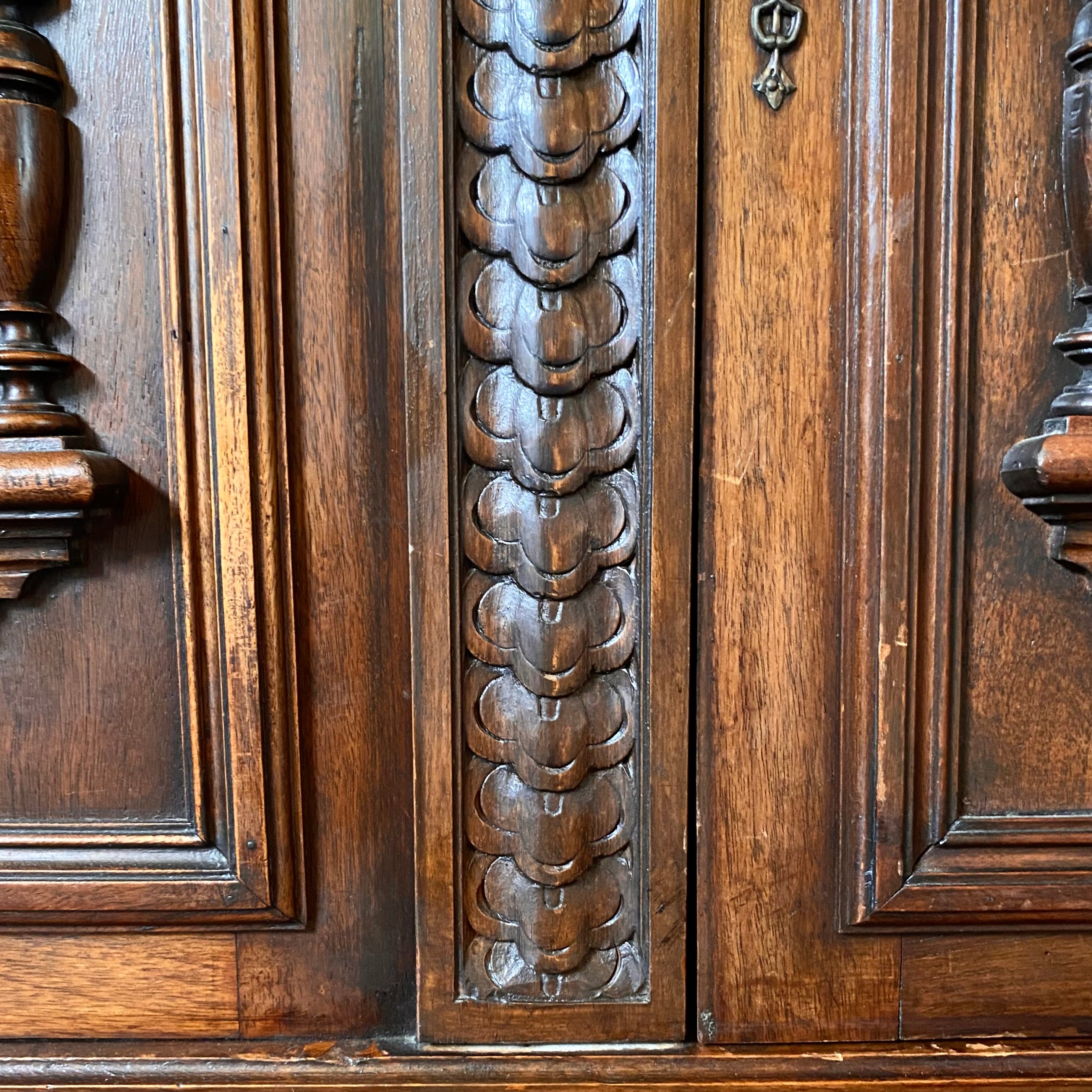 Antique Carved Oak Server with Cast Brass Handles