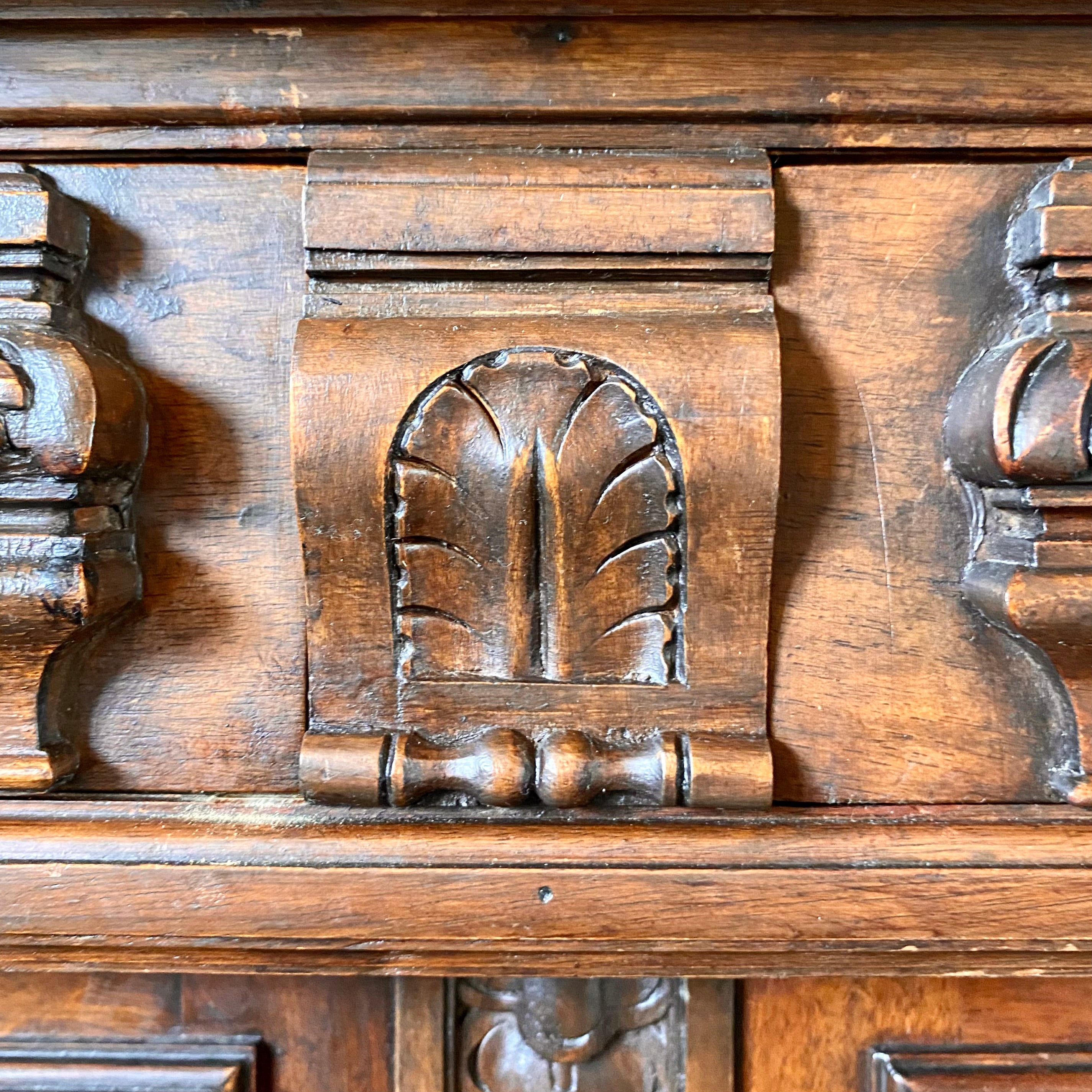 Antique Carved Oak Server with Cast Brass Handles