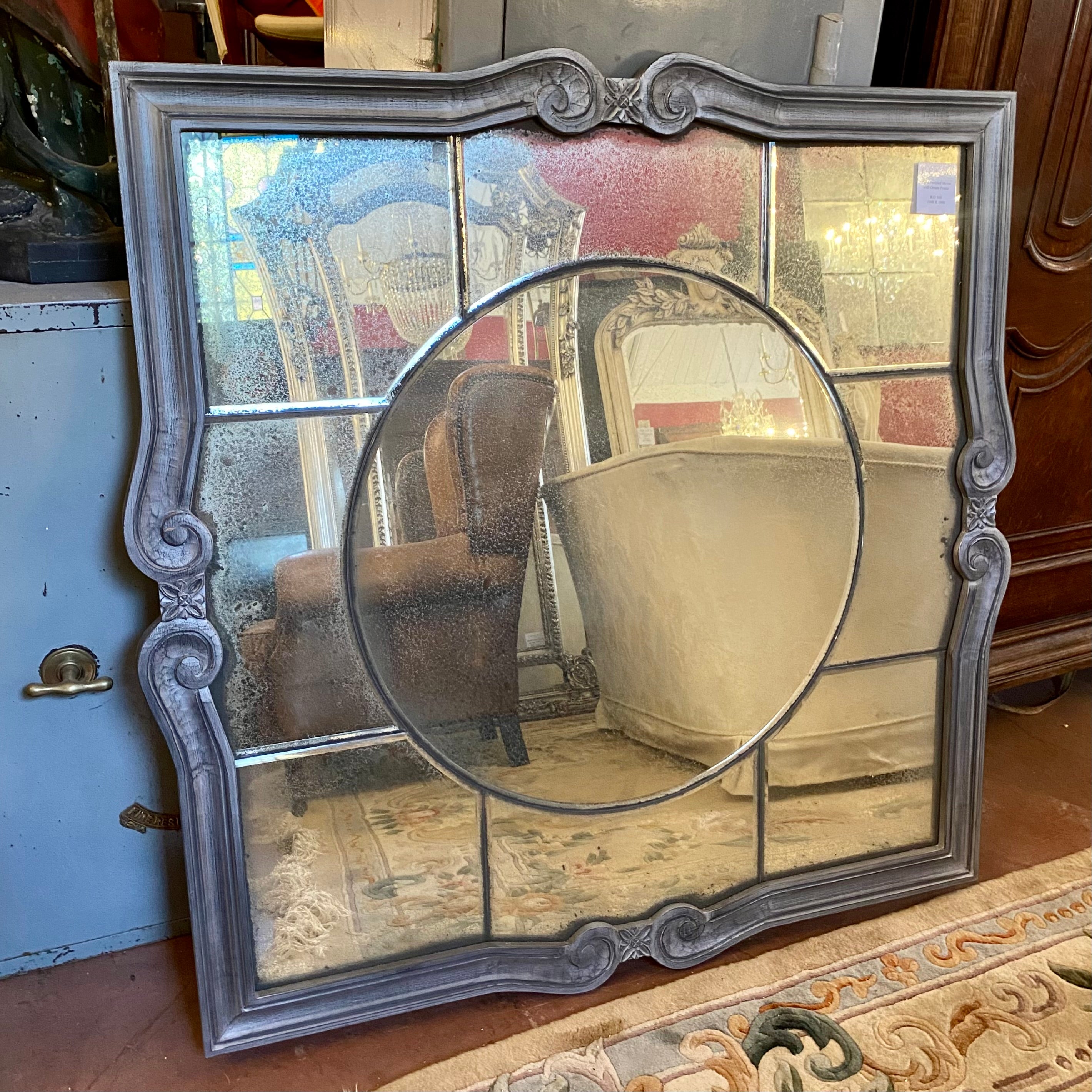 Panelled Aged Mirror with Silver Frame