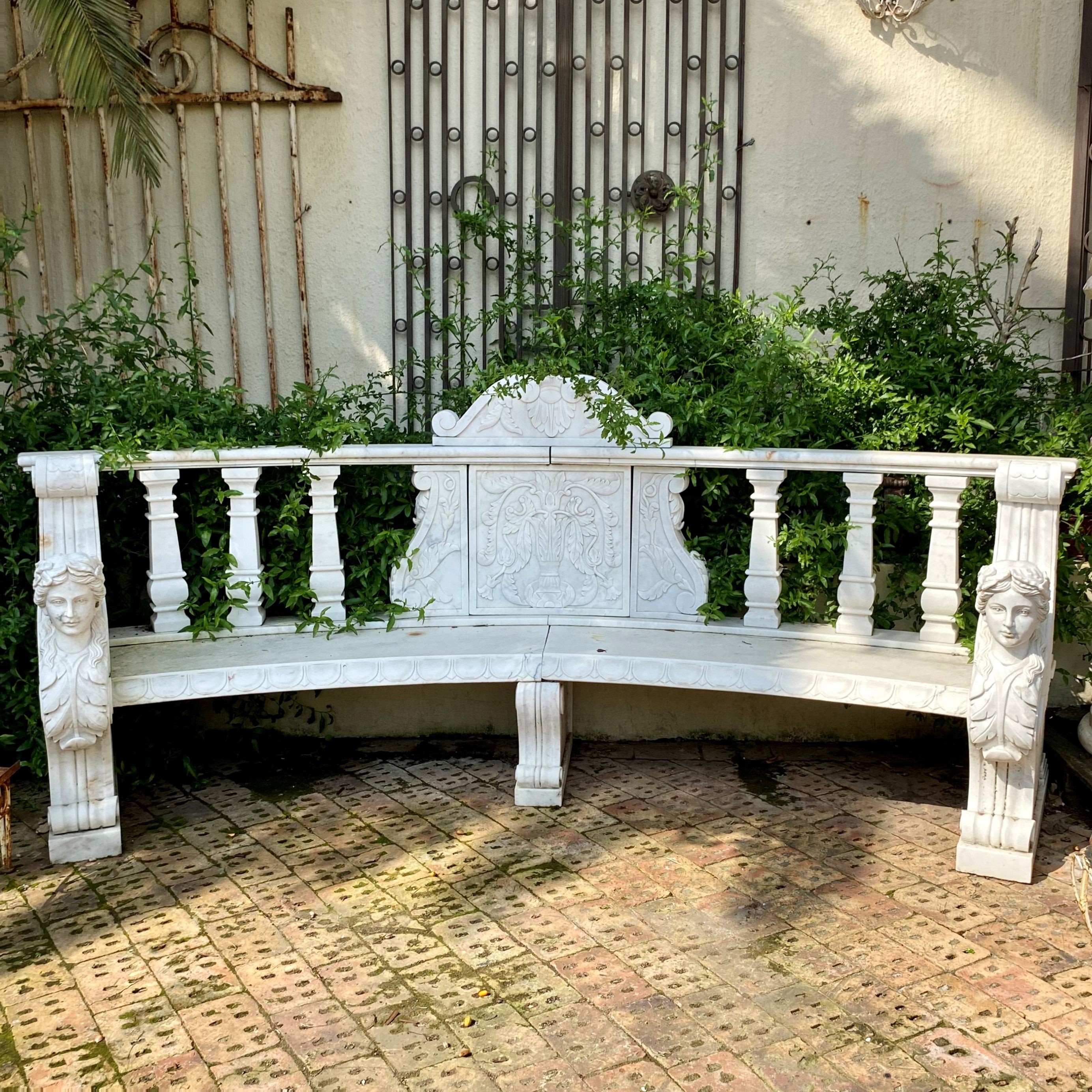 Gorgeous Hand Carved White Marble Bench
