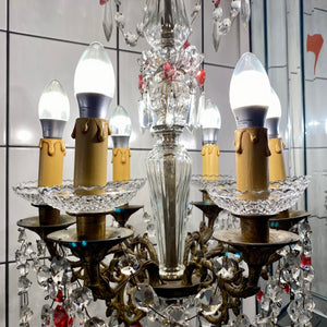 Antique Italian Brass Chandelier with Original Crystals