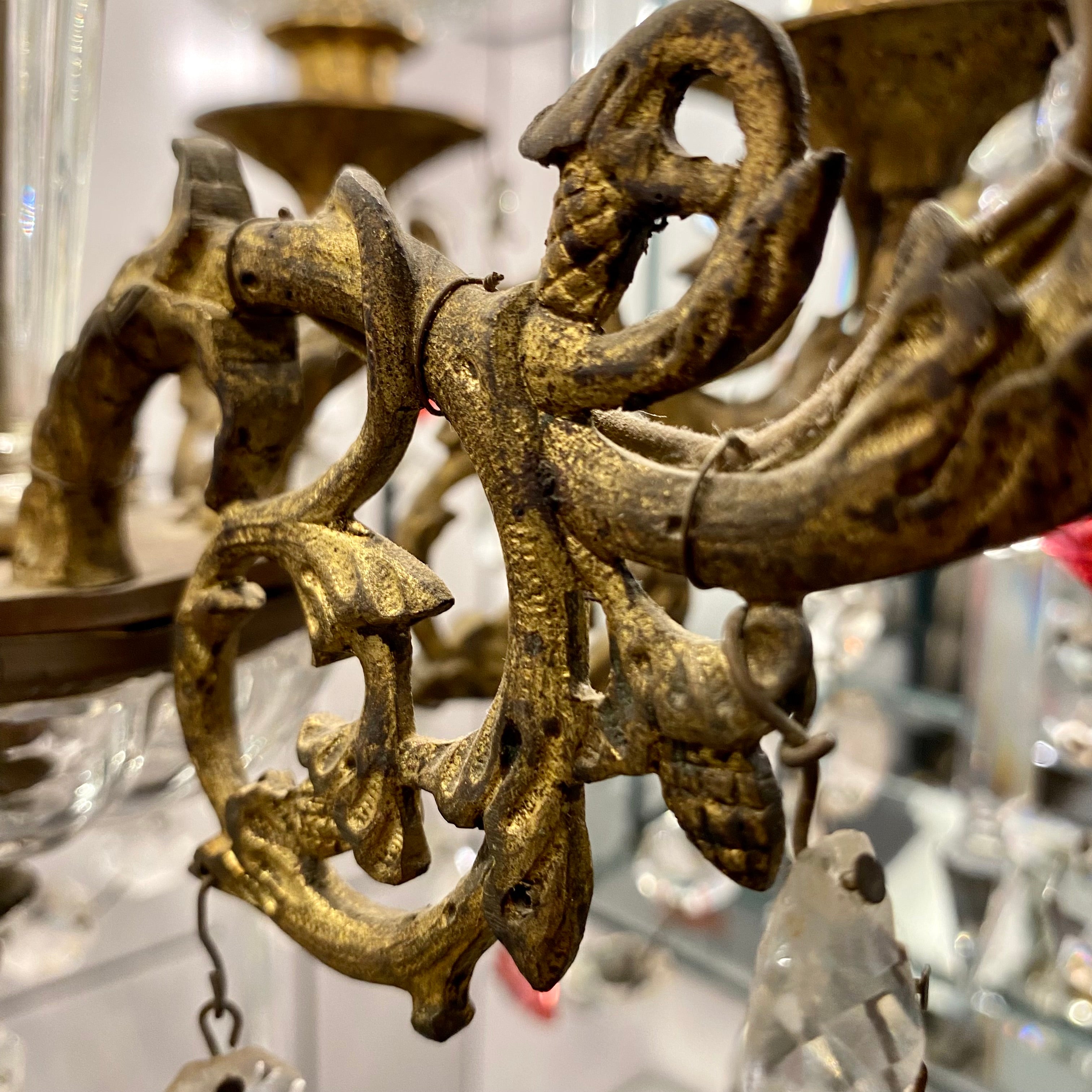 Antique Italian Brass Chandelier with Original Crystals