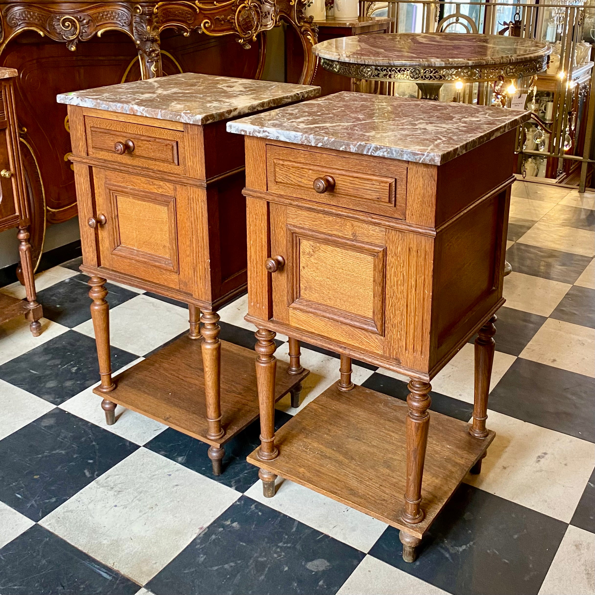 Antique French Oak Pedestals with Marble Tops - SOLD