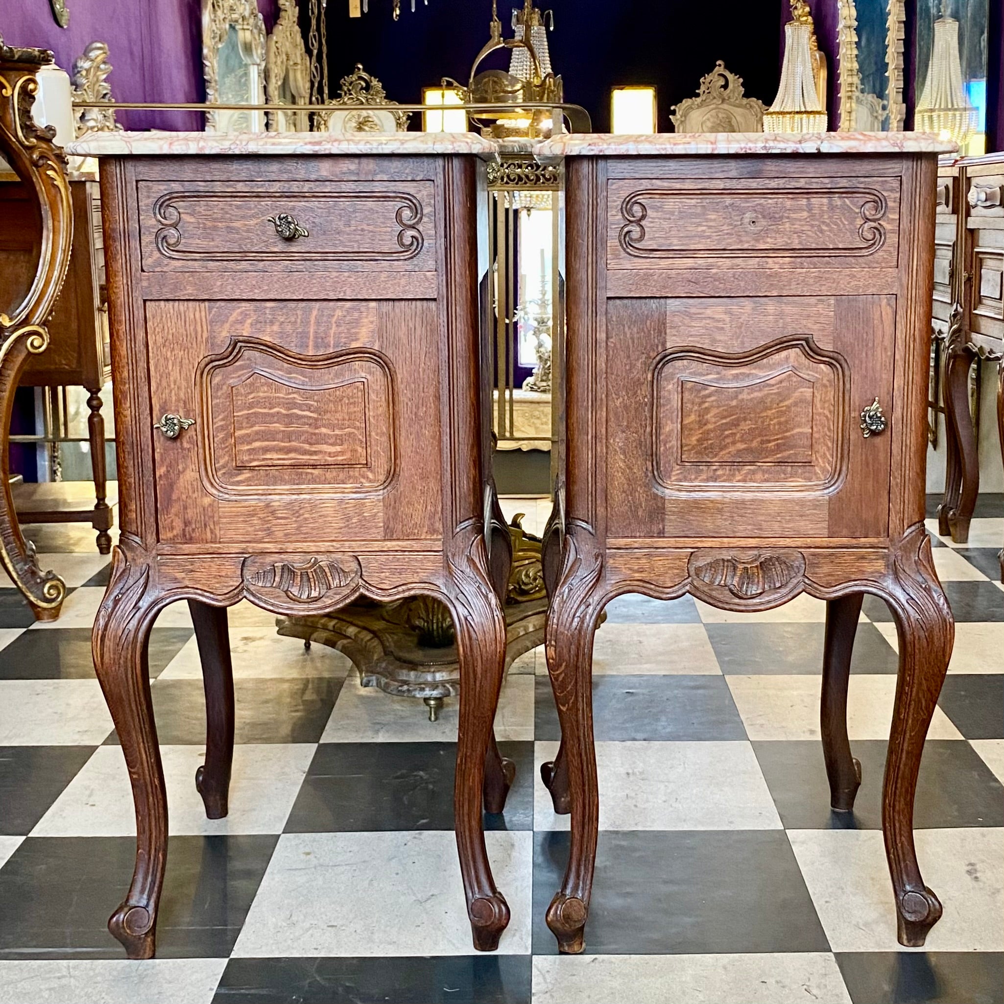 Antique Oak Pedestals with Pink Marble Tops
