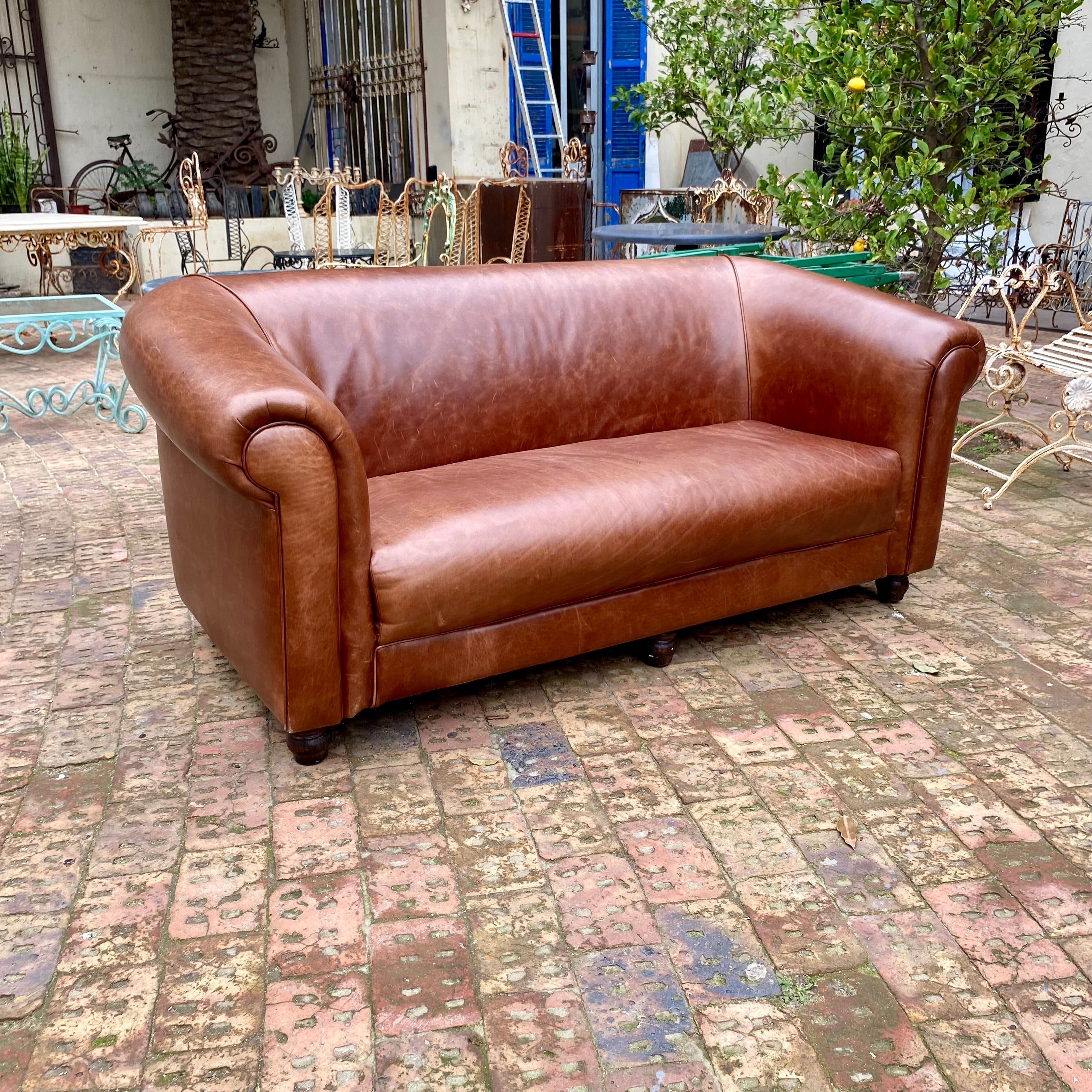 Vintage Leather Sofa with Bun Feet