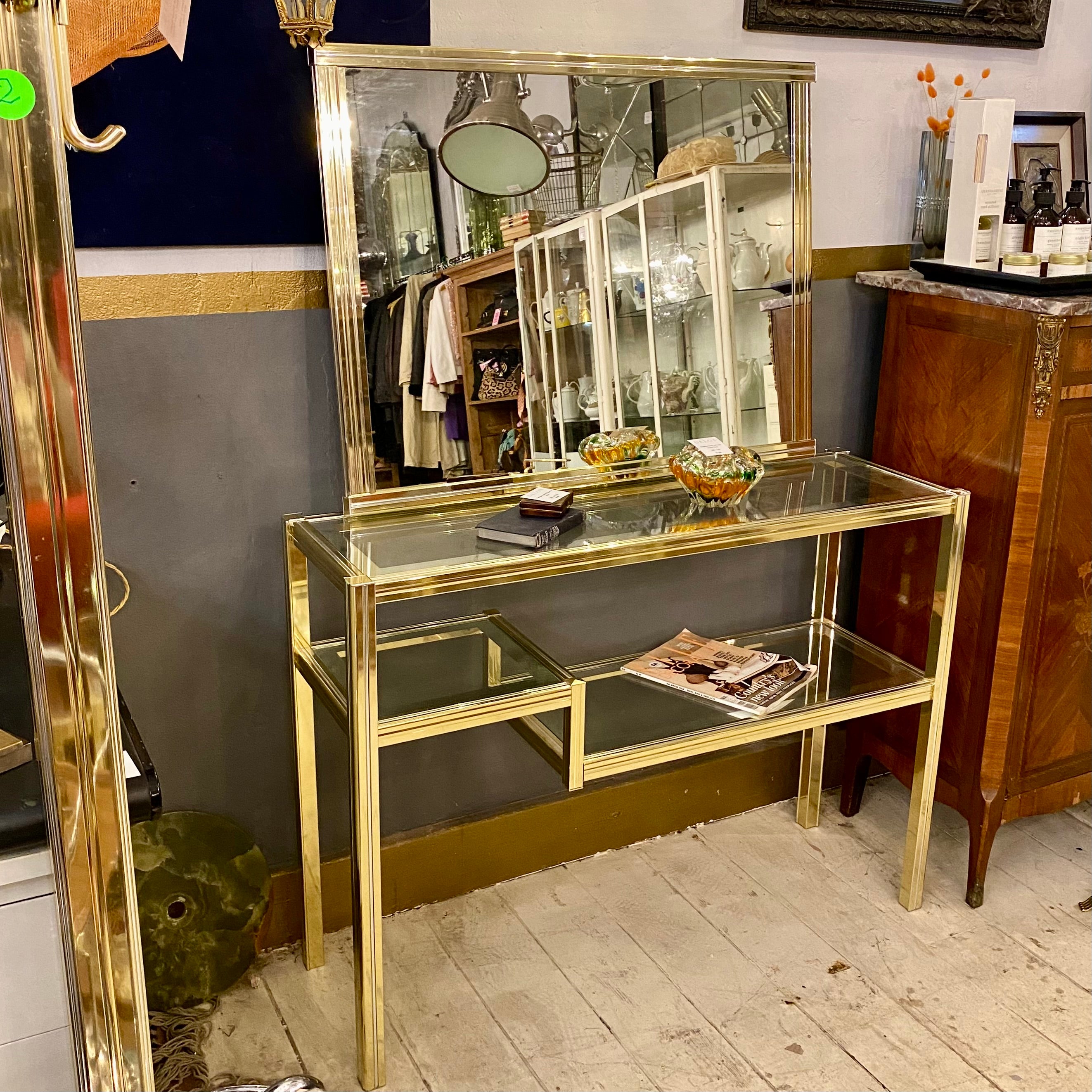 Vintage Polished Brass and Glass Mirror Console Set