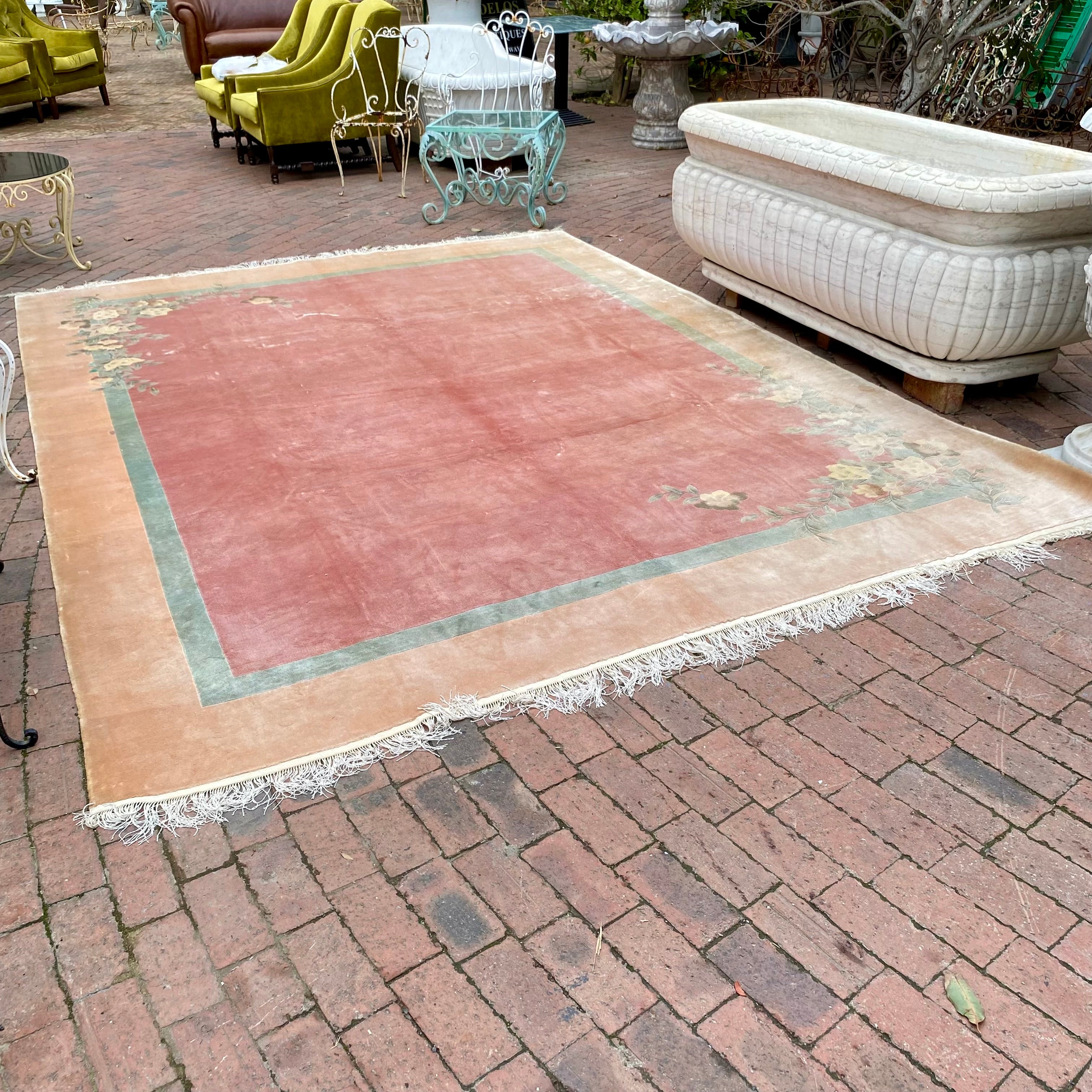 Large Vintage Muted Tone Carpet with Floral Detail