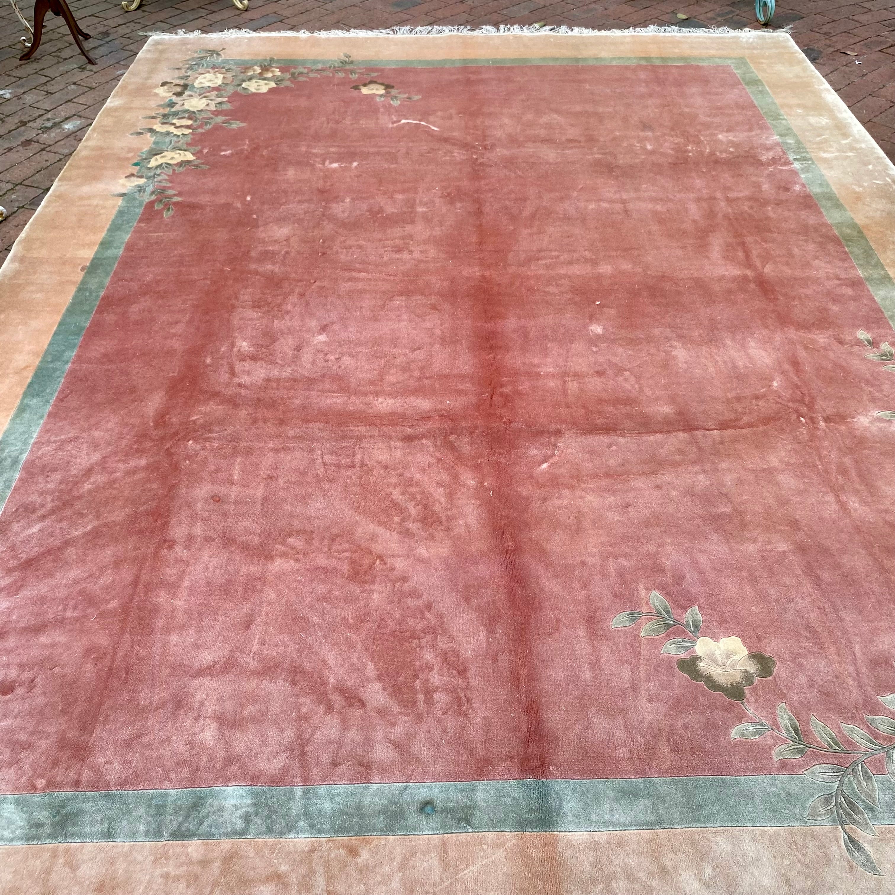 Large Vintage Muted Tone Carpet with Floral Detail