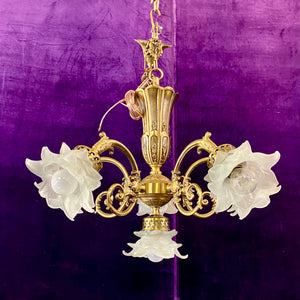 Pretty Antique Brass Chandelier with Frosted Rose Shades