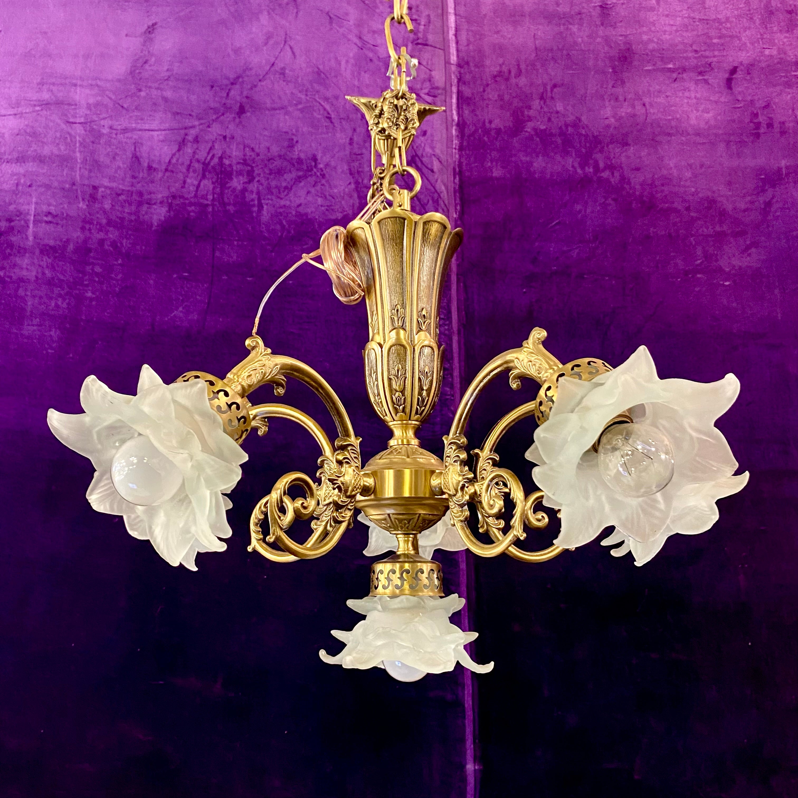 Pretty Antique Brass Chandelier with Frosted Rose Shades