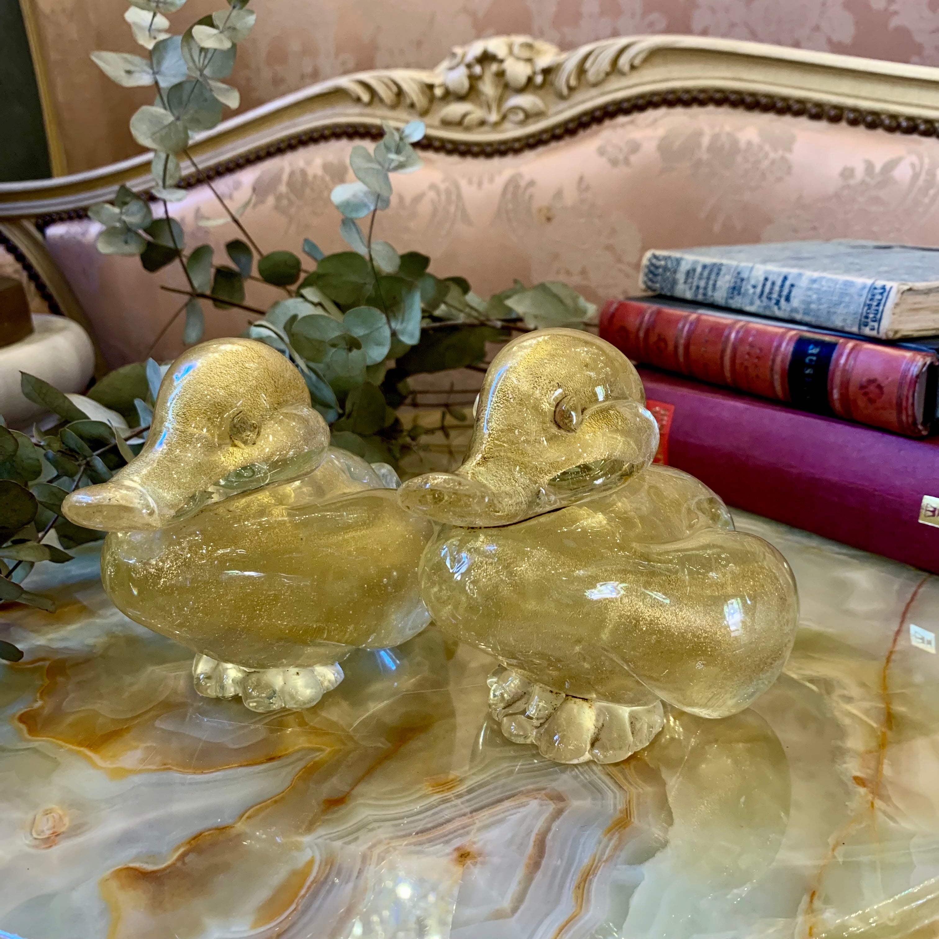 Pair of Golden Murano Duck Ornament