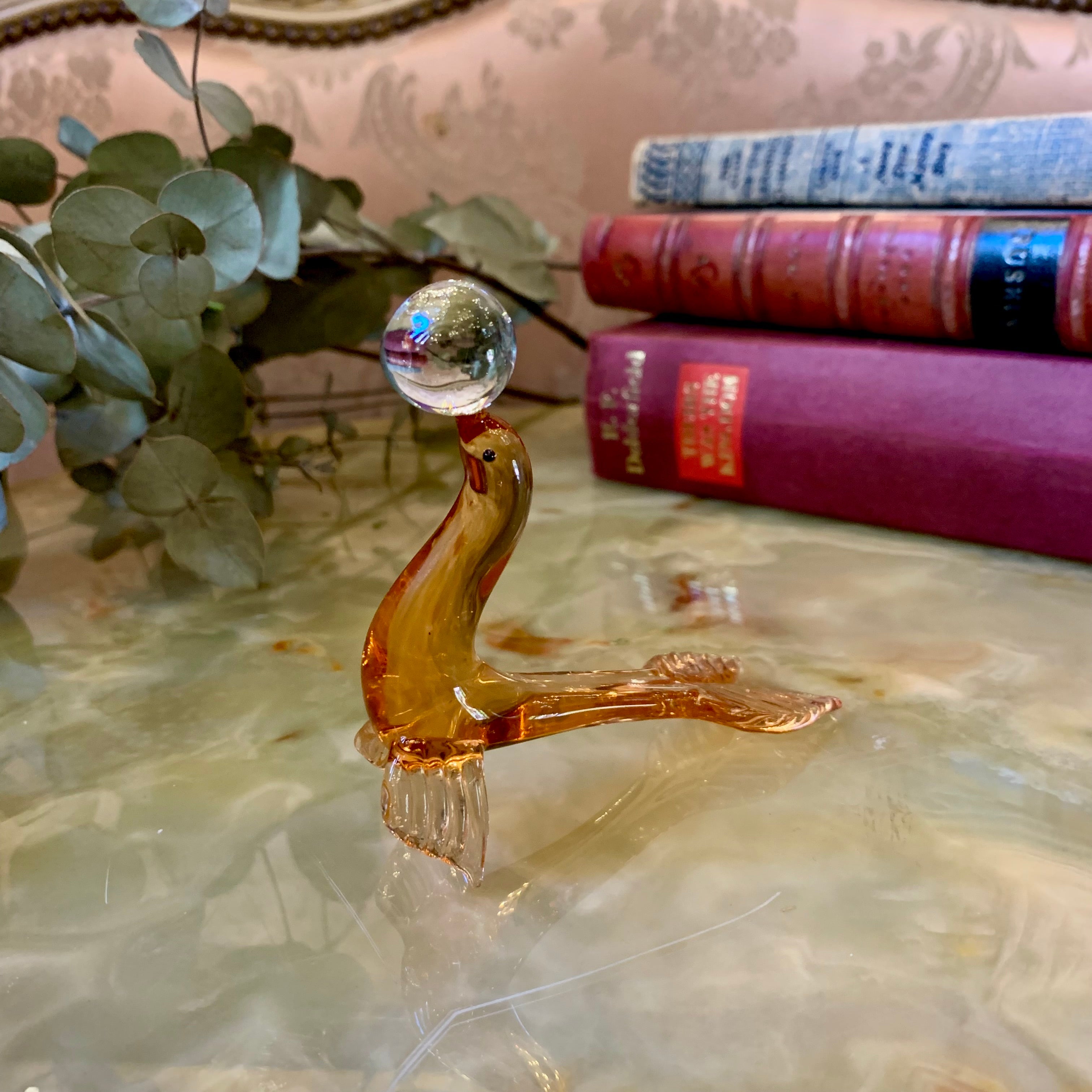 Peach Seal and Clear Ball Murano Figurine