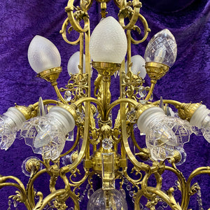 Antique Cast Brass Chandelier with Original Crystals & Glass Shades