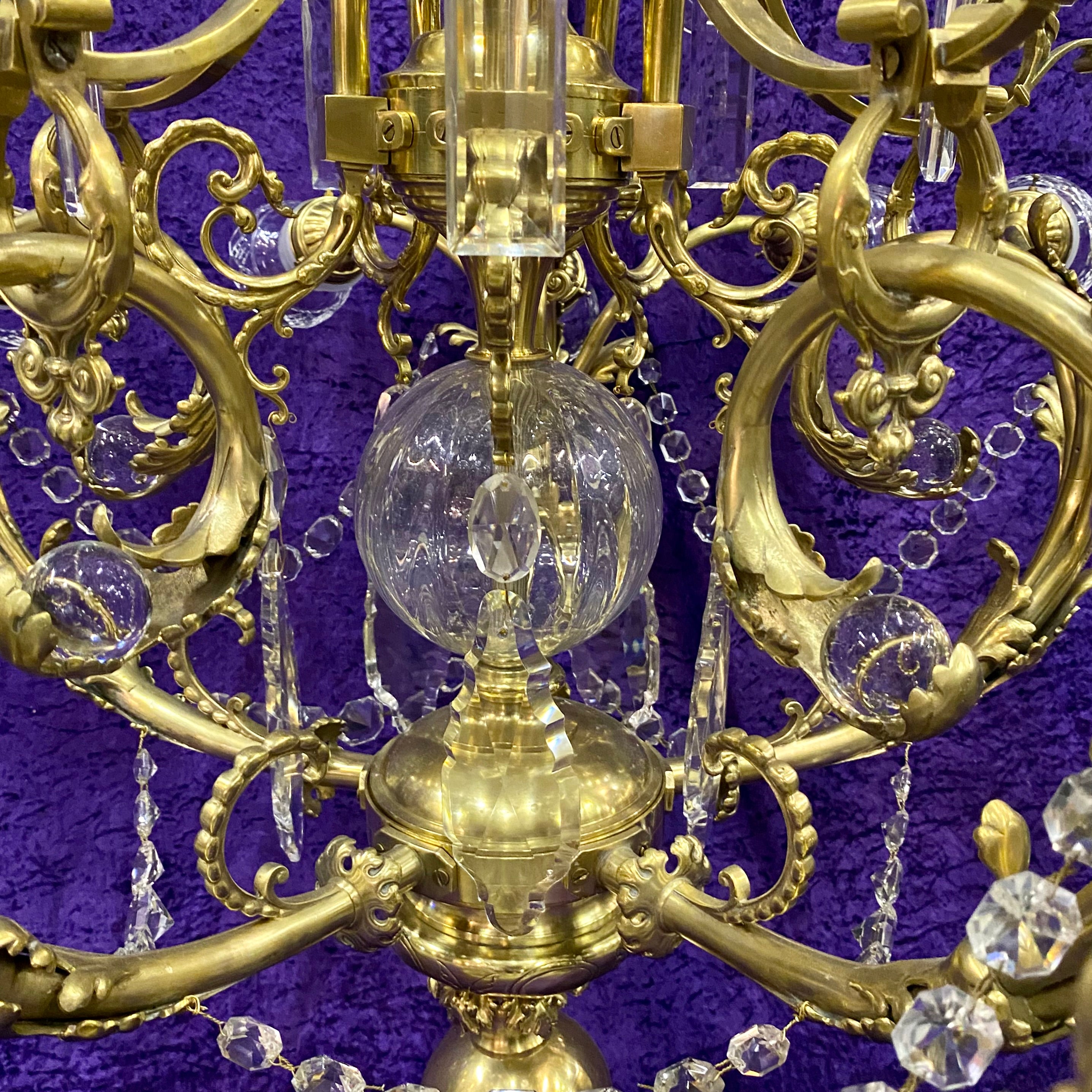 Antique Cast Brass Chandelier with Original Crystals & Glass Shades