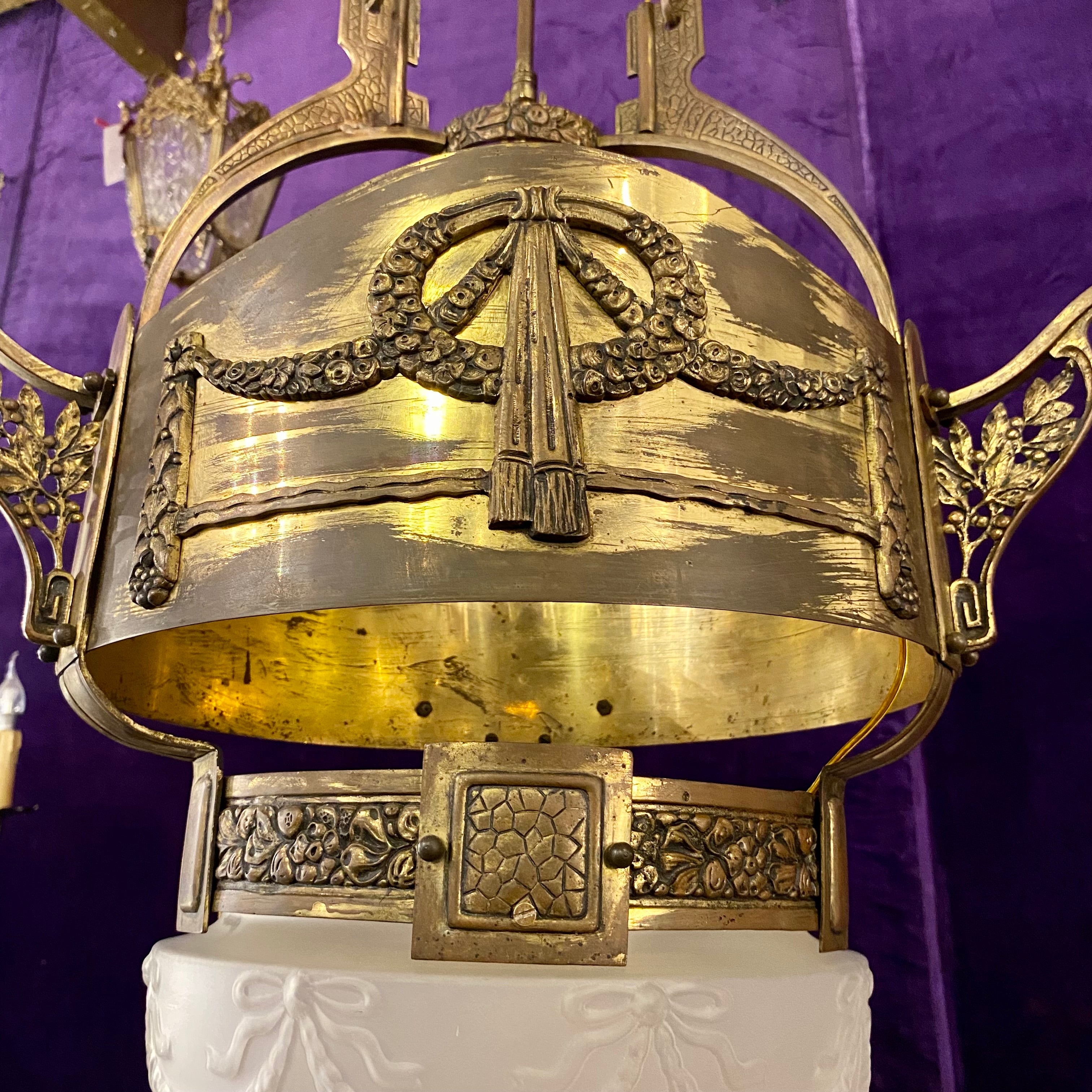 Empire Era Brass Pendant with Original Glass Shades